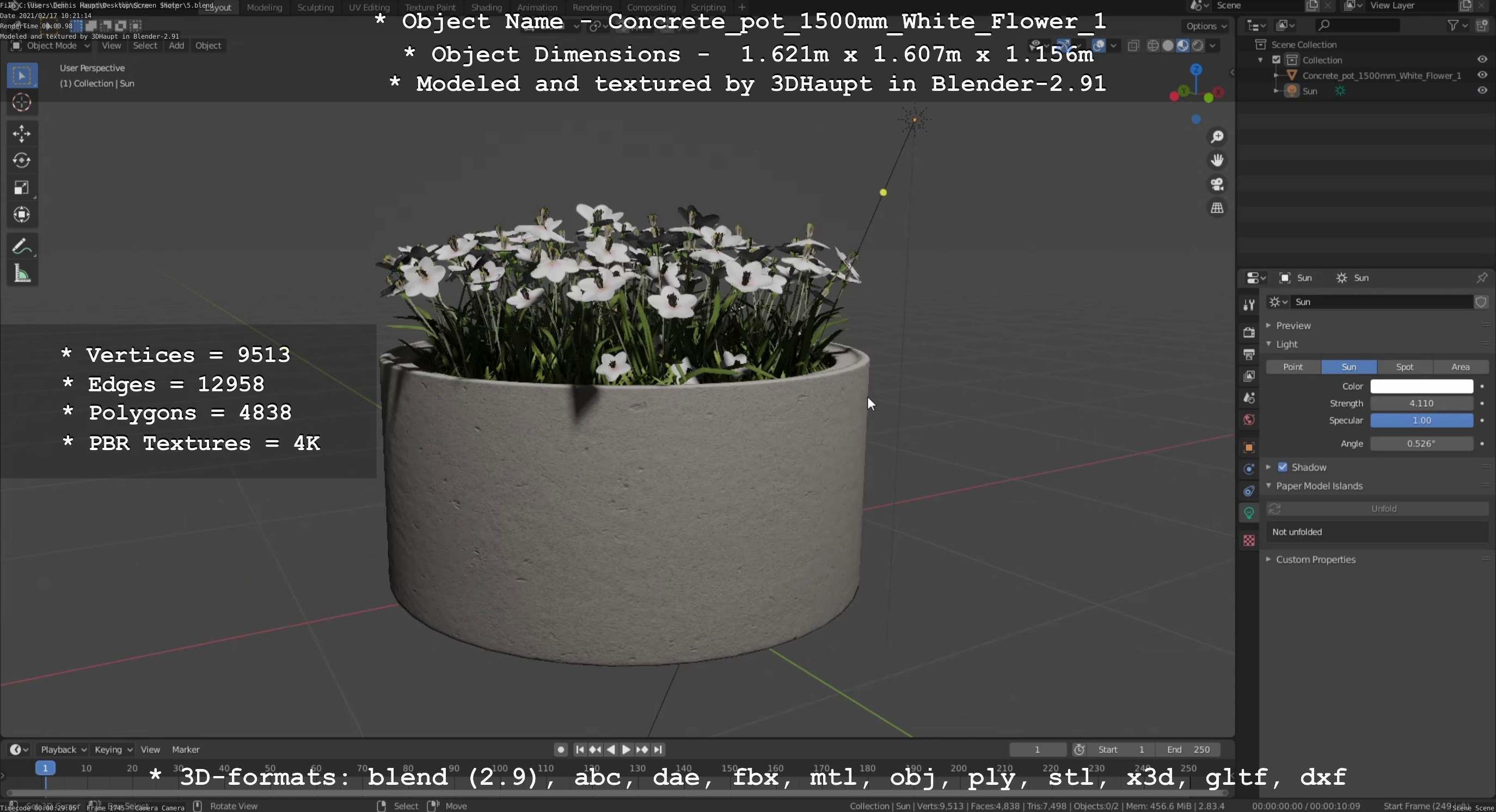 Concrete Pipe Pot 1500mm with White Version 1 Low-poly 3D model_50