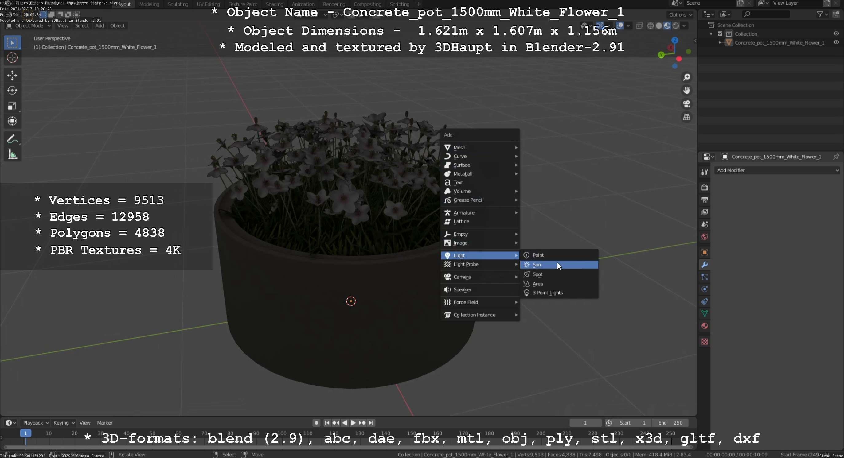 Concrete Pipe Pot 1500mm with White Version 1 Low-poly 3D model_93