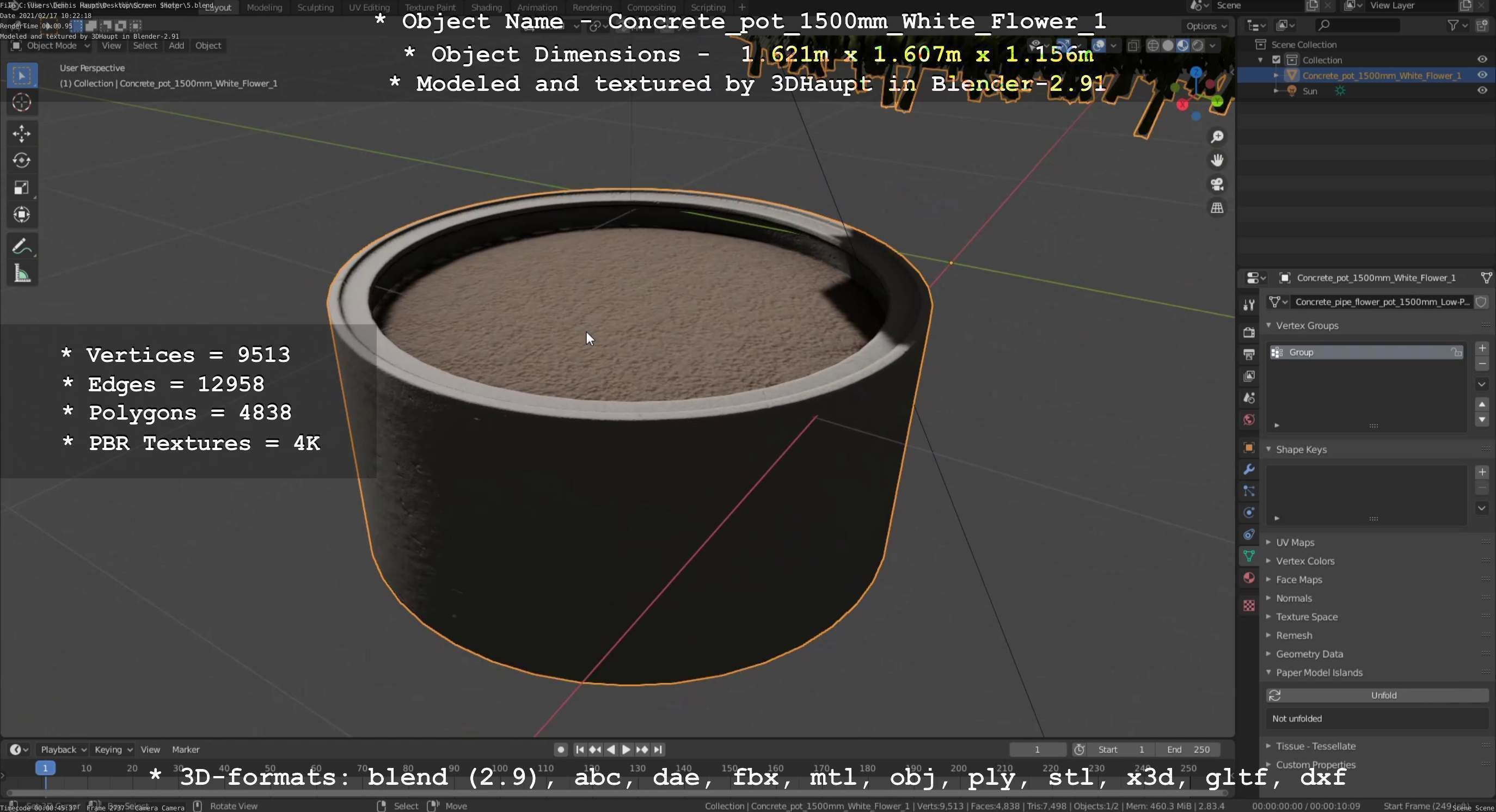 Concrete Pipe Pot 1500mm with White Version 1 Low-poly 3D model_136