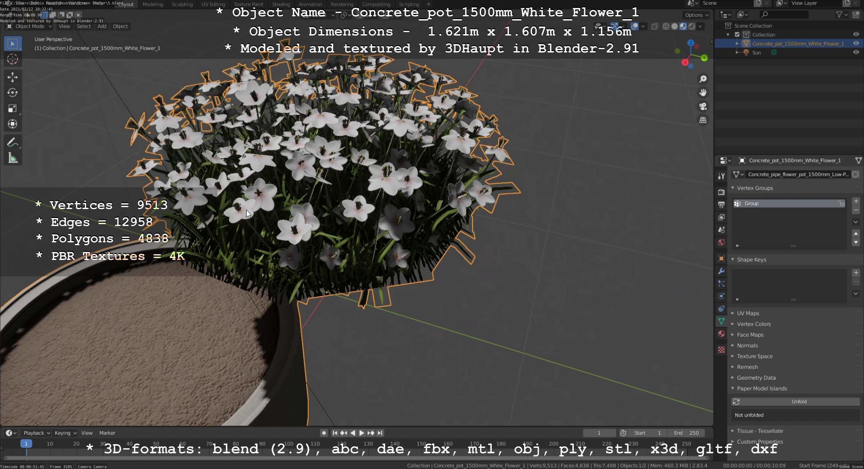 Concrete Pipe Pot 1500mm with White Version 1 Low-poly 3D model_51