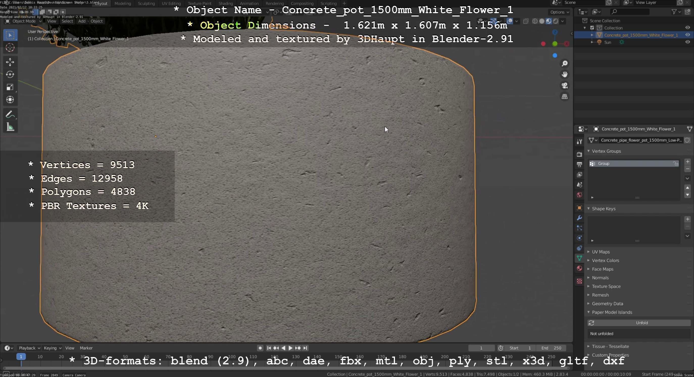 Concrete Pipe Pot 1500mm with White Version 1 Low-poly 3D model_142