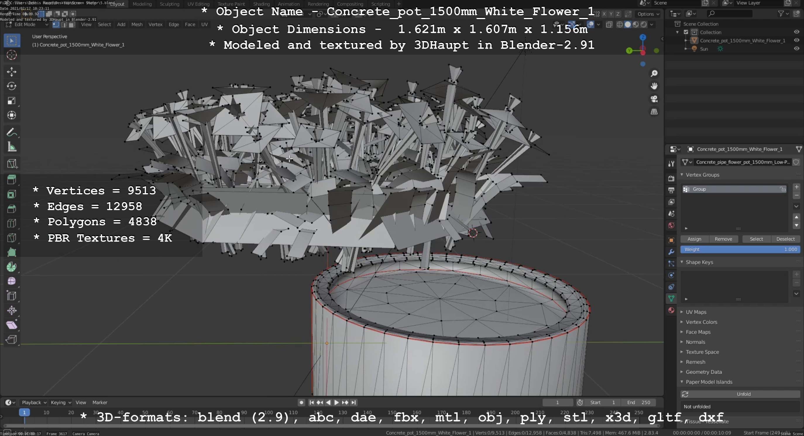 Concrete Pipe Pot 1500mm with White Version 1 Low-poly 3D model_37