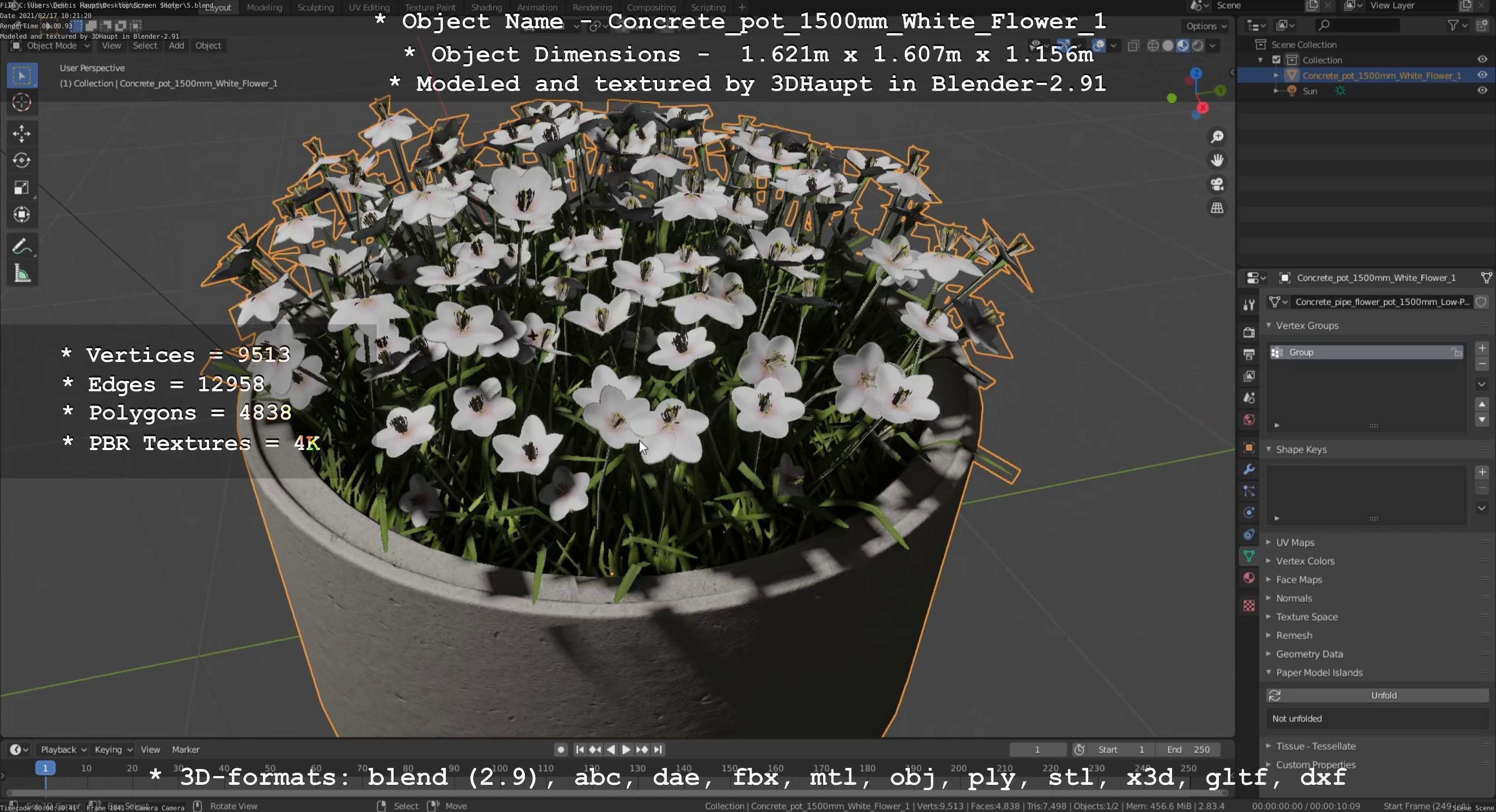 Concrete Pipe Pot 1500mm with White Version 1 Low-poly 3D model_4