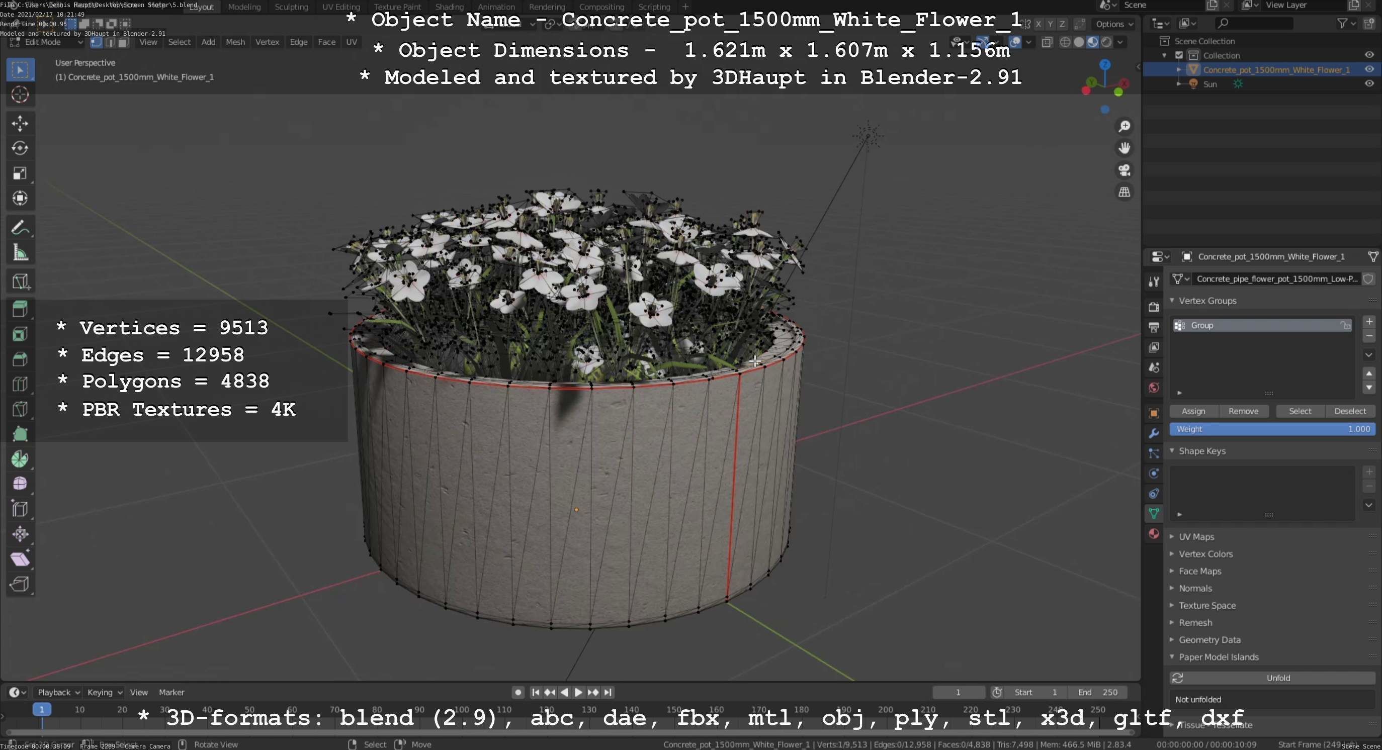 Concrete Pipe Pot 1500mm with White Version 1 Low-poly 3D model_119