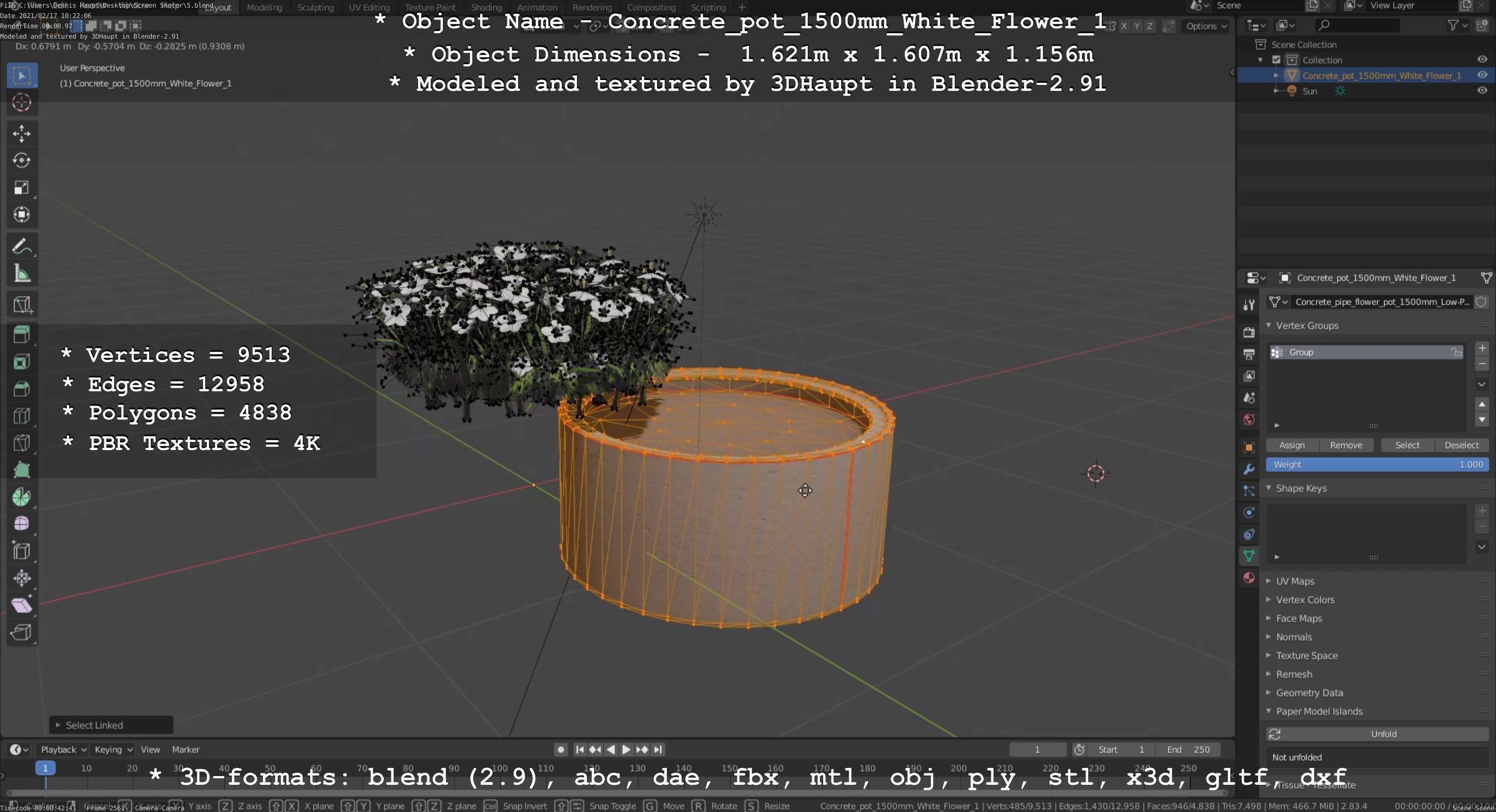 Concrete Pipe Pot 1500mm with White Version 1 Low-poly 3D model_134
