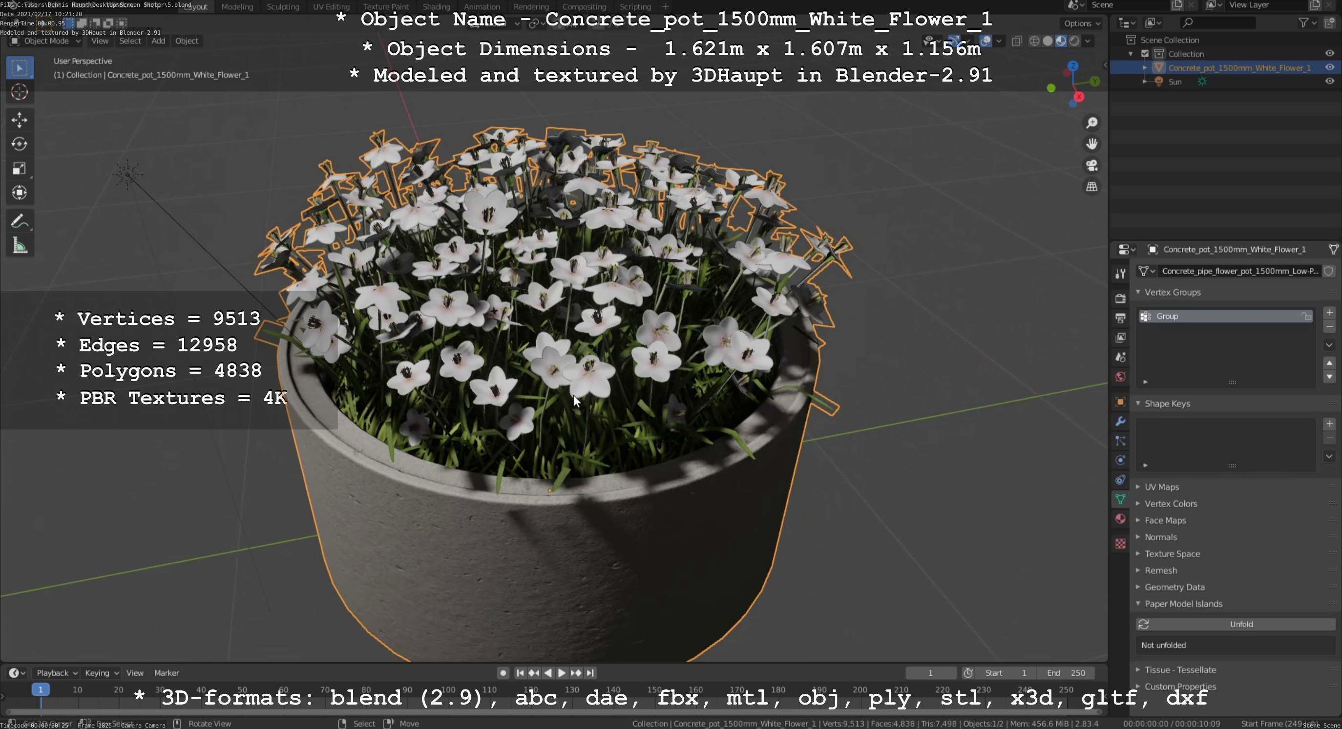 Concrete Pipe Pot 1500mm with White Version 1 Low-poly 3D model_110