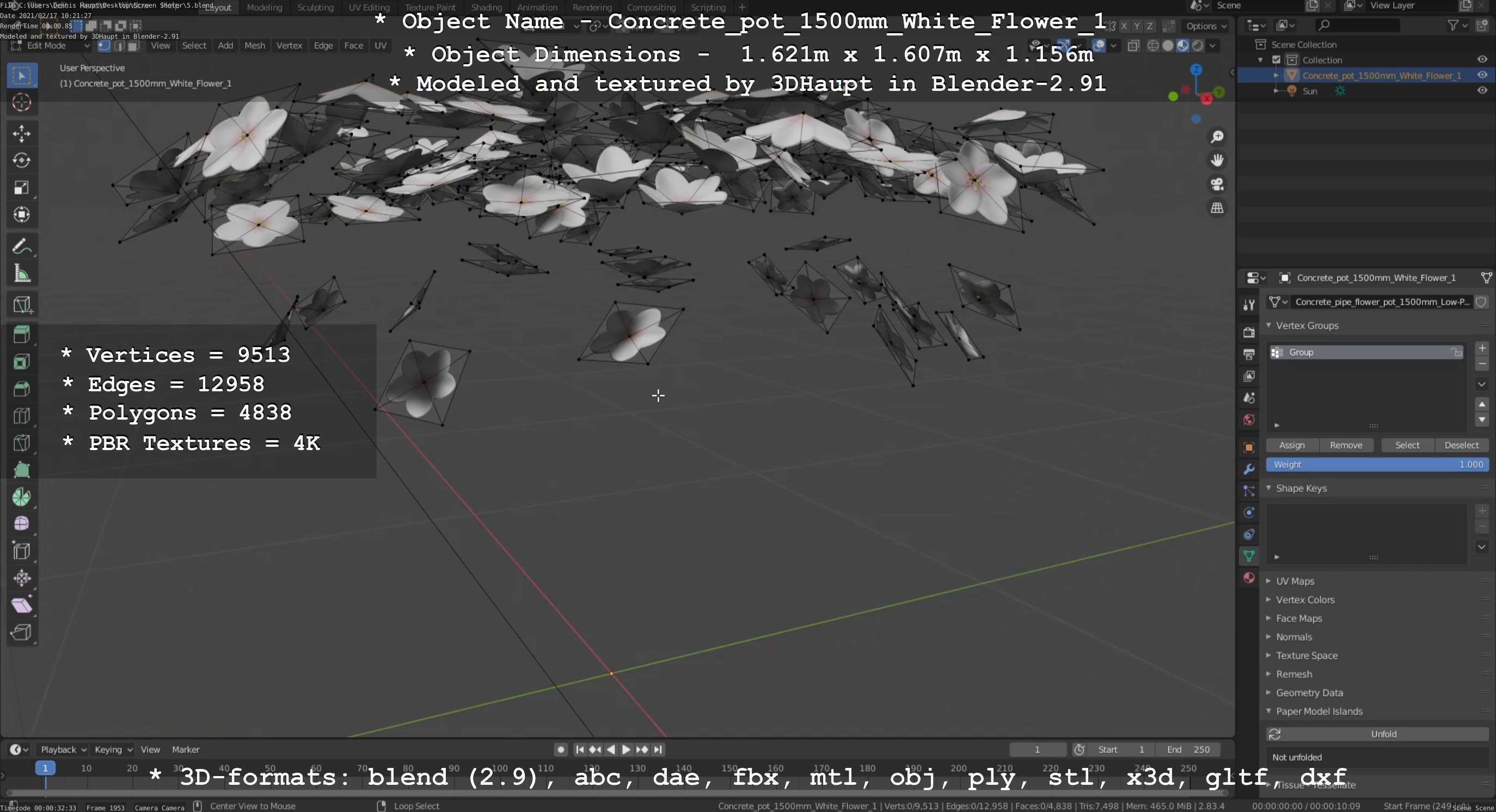 Concrete Pipe Pot 1500mm with White Version 1 Low-poly 3D model_115