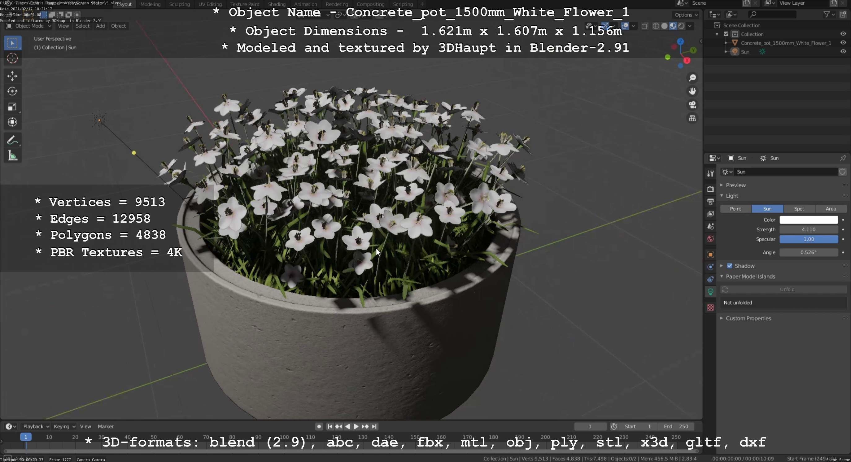 Concrete Pipe Pot 1500mm with White Version 1 Low-poly 3D model_3