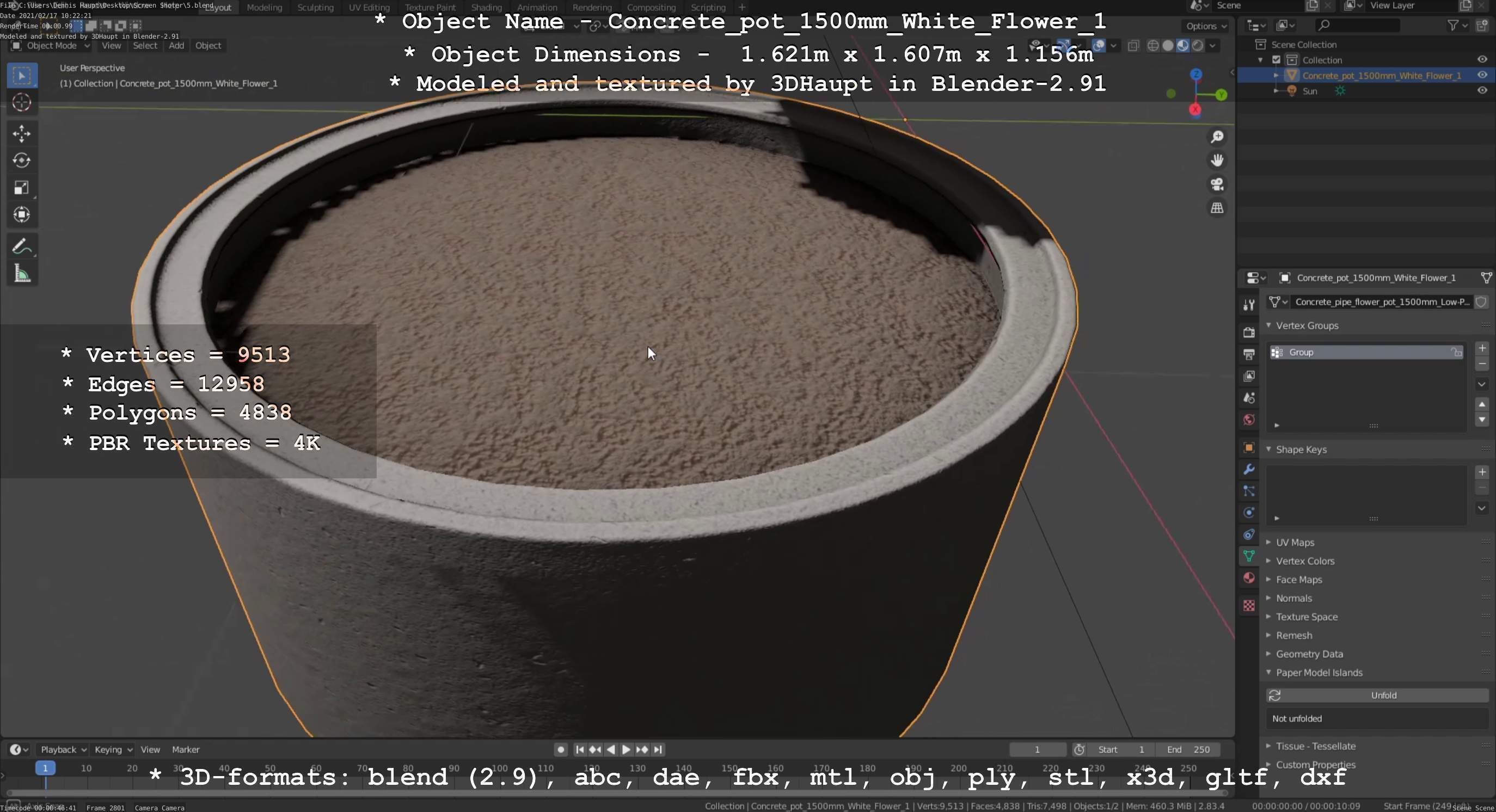 Concrete Pipe Pot 1500mm with White Version 1 Low-poly 3D model_140