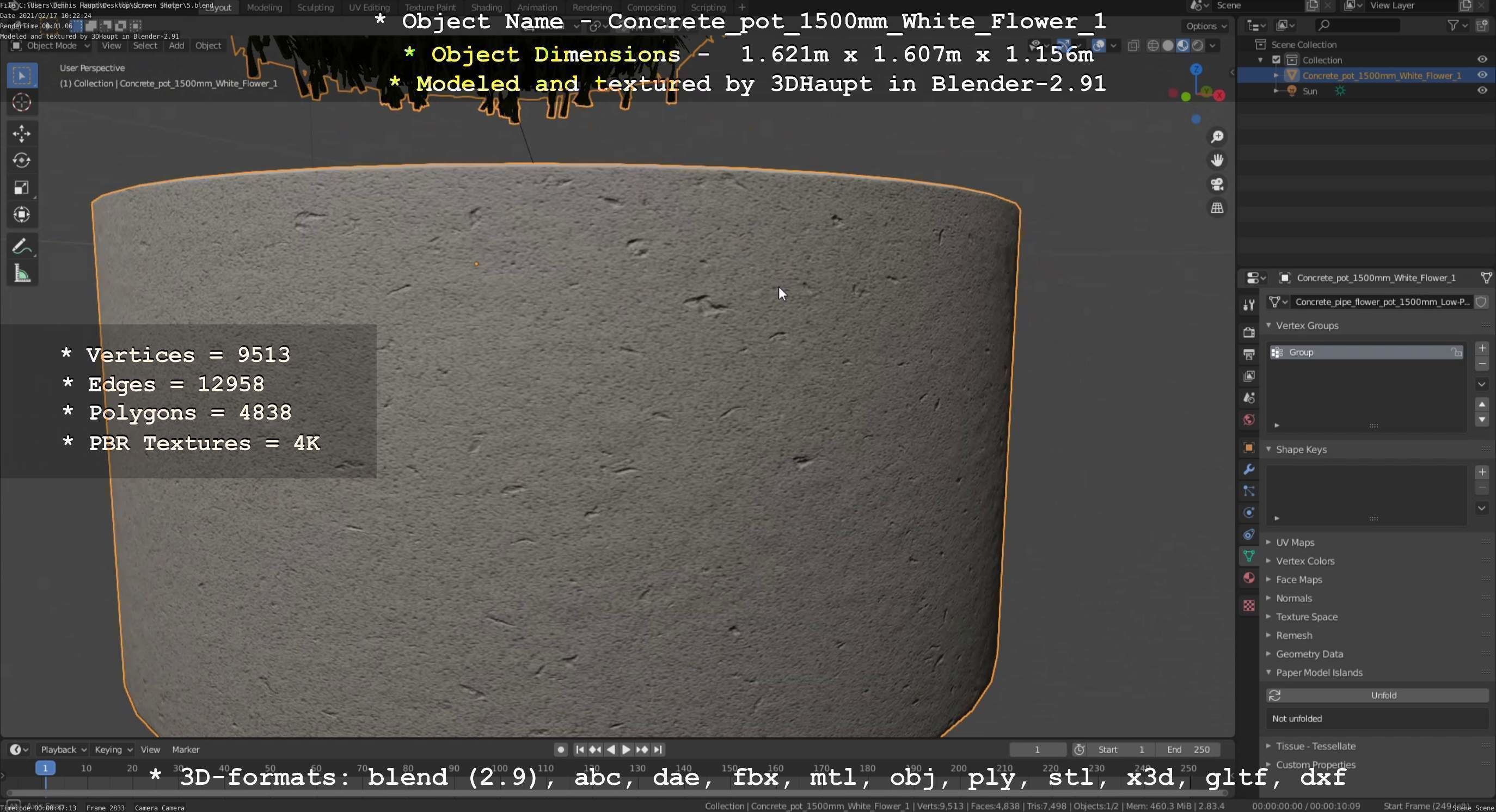 Concrete Pipe Pot 1500mm with White Version 1 Low-poly 3D model_141