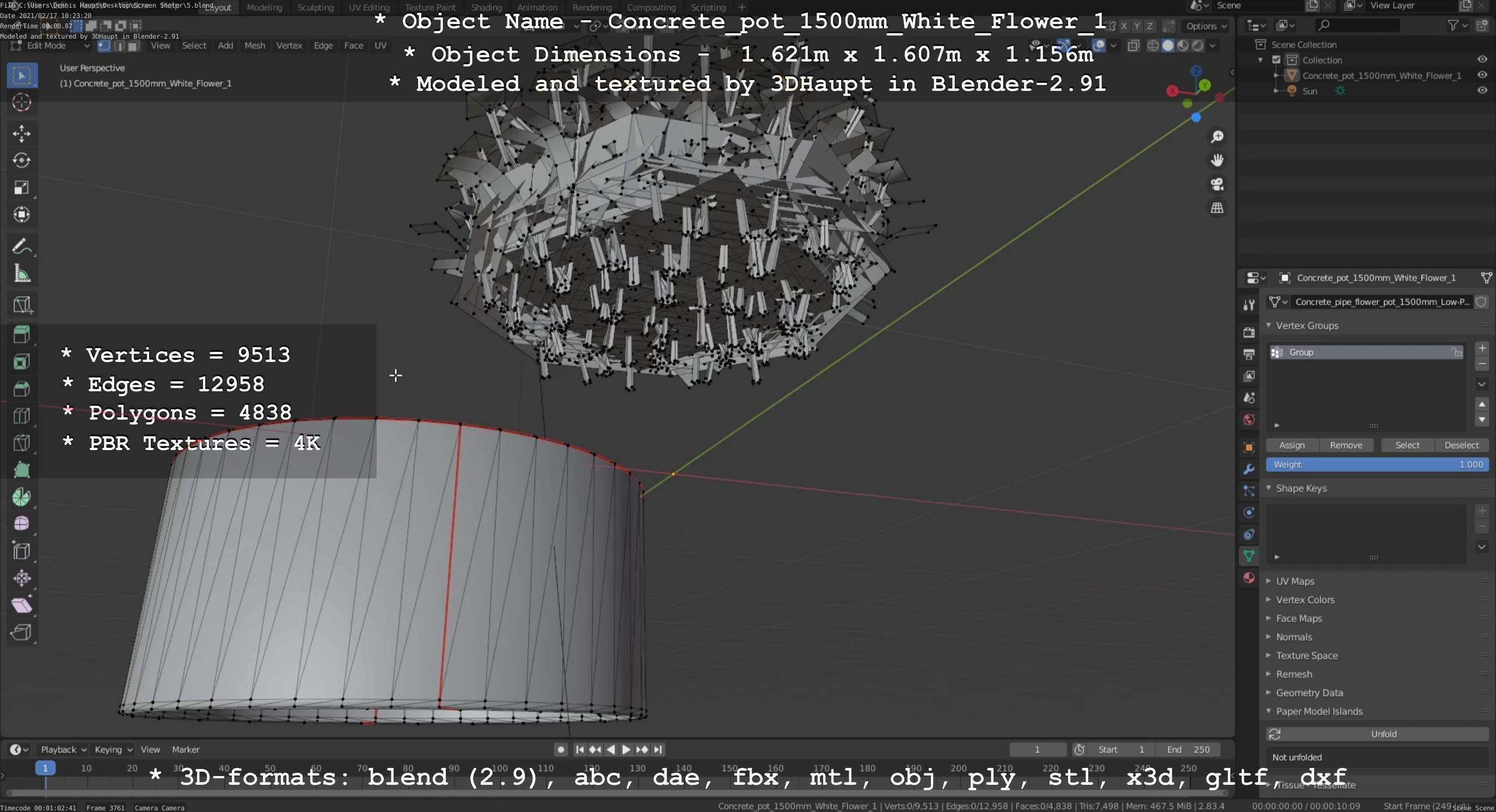 Concrete Pipe Pot 1500mm with White Version 1 Low-poly 3D model_117