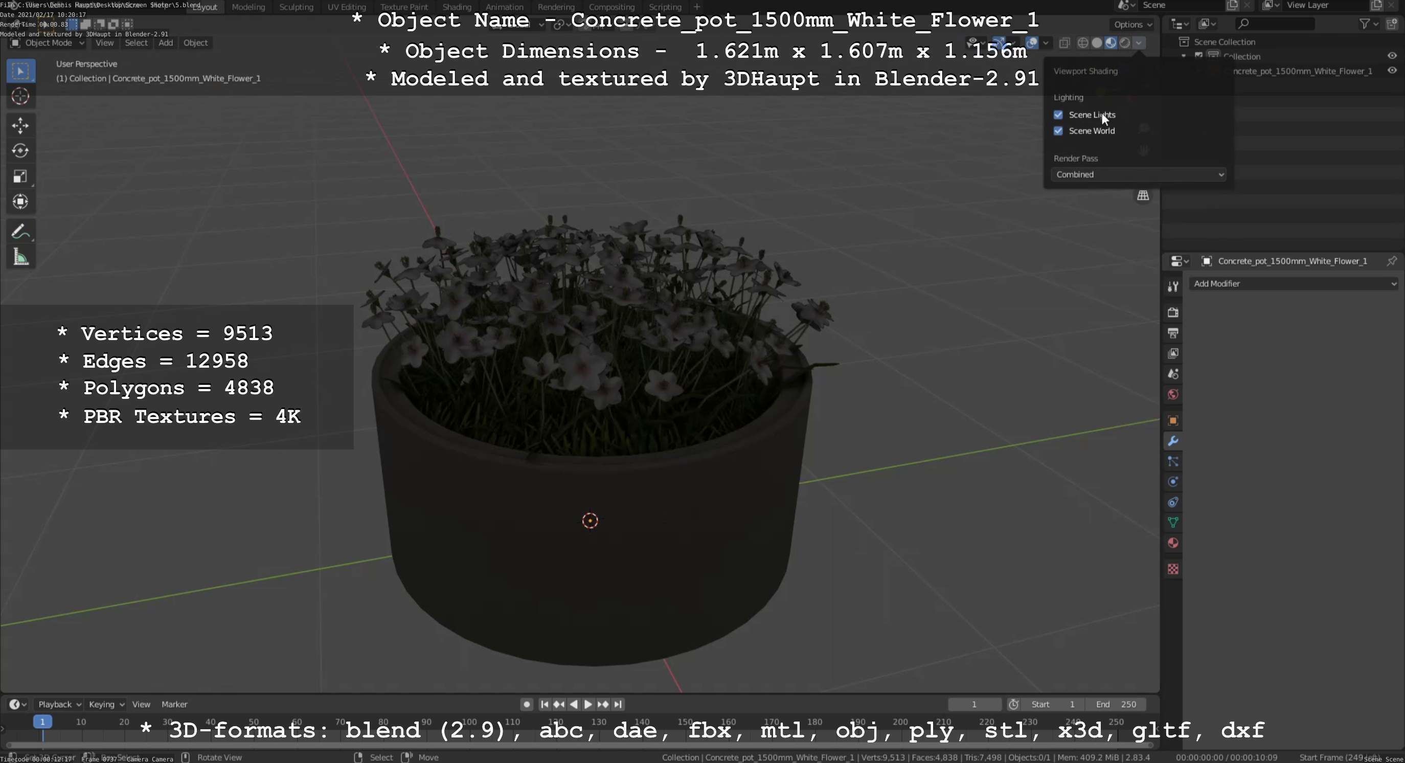 Concrete Pipe Pot 1500mm with White Version 1 Low-poly 3D model_89
