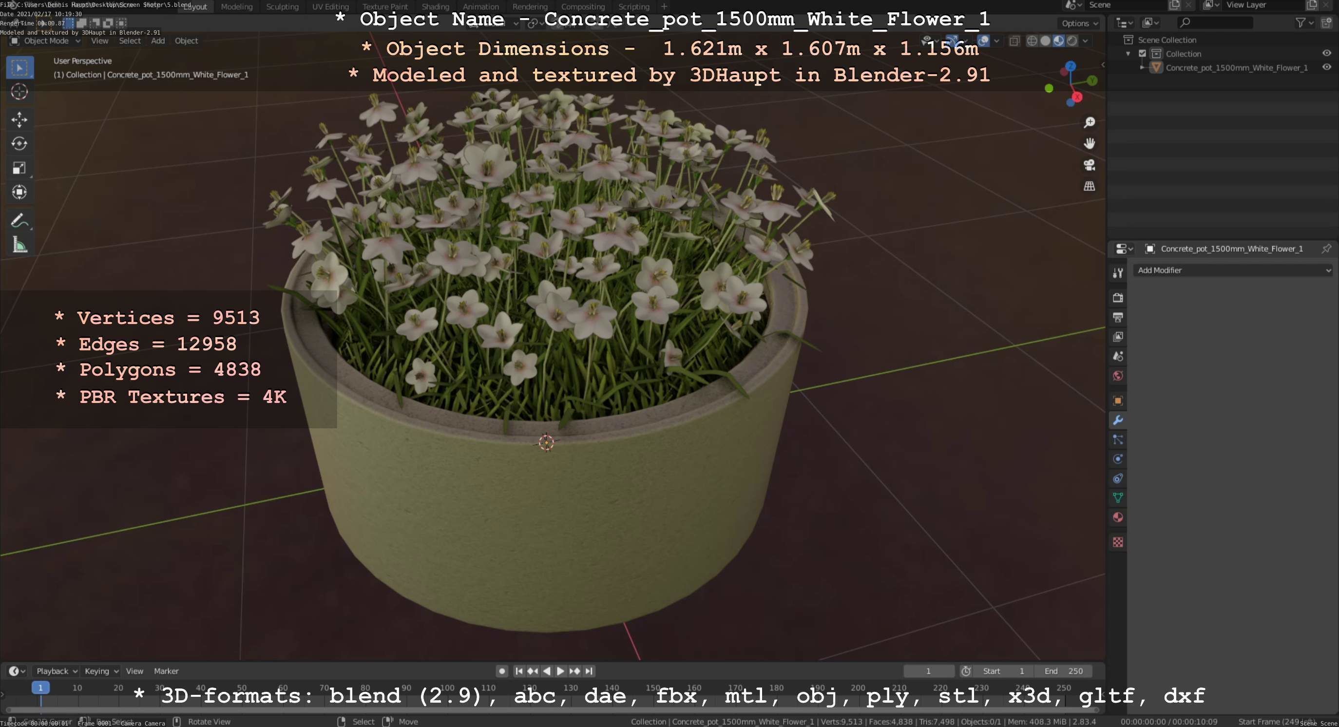 Concrete Pipe Pot 1500mm with White Version 1 Low-poly 3D model_78