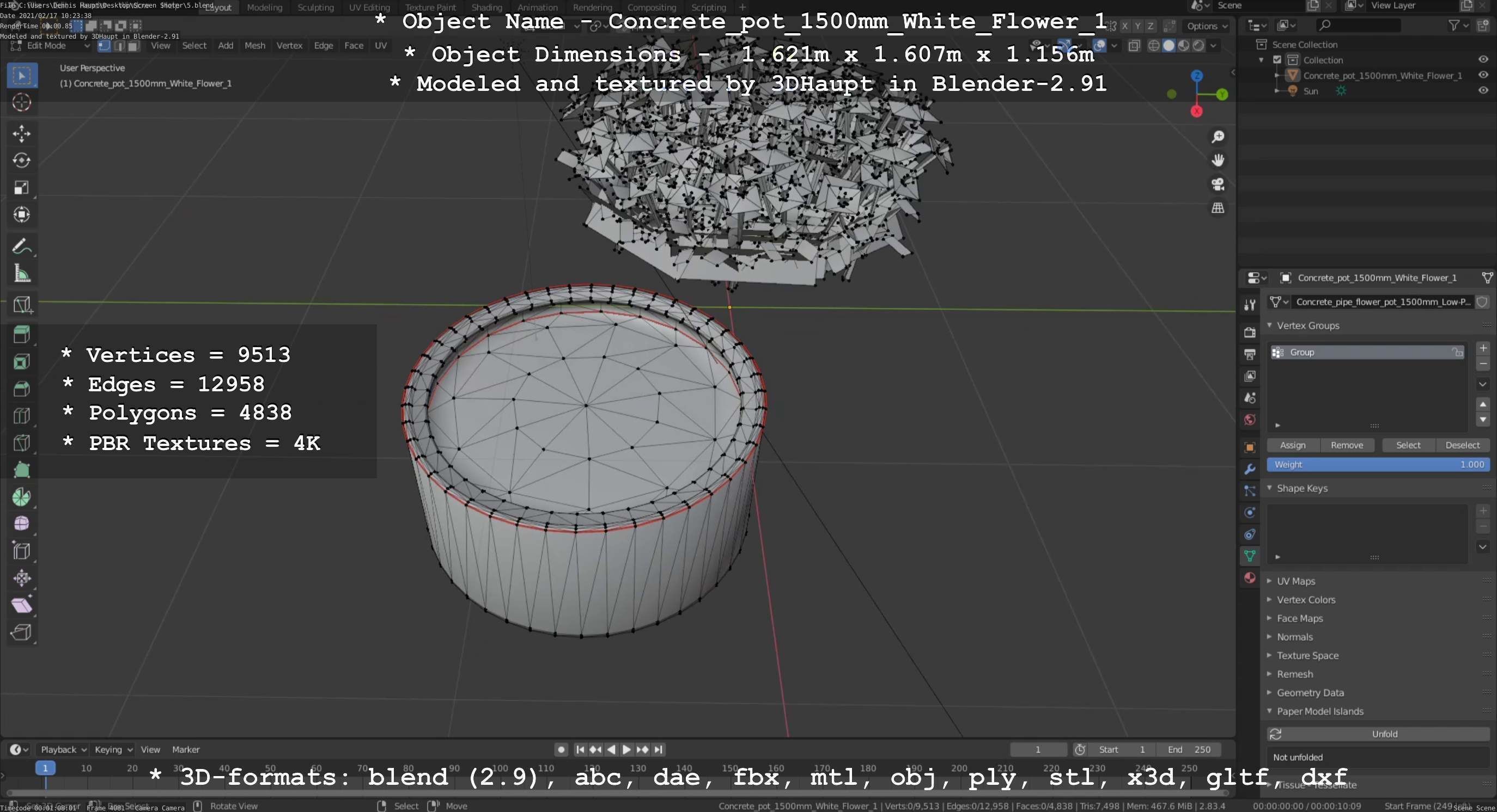 Concrete Pipe Pot 1500mm with White Version 1 Low-poly 3D model_60