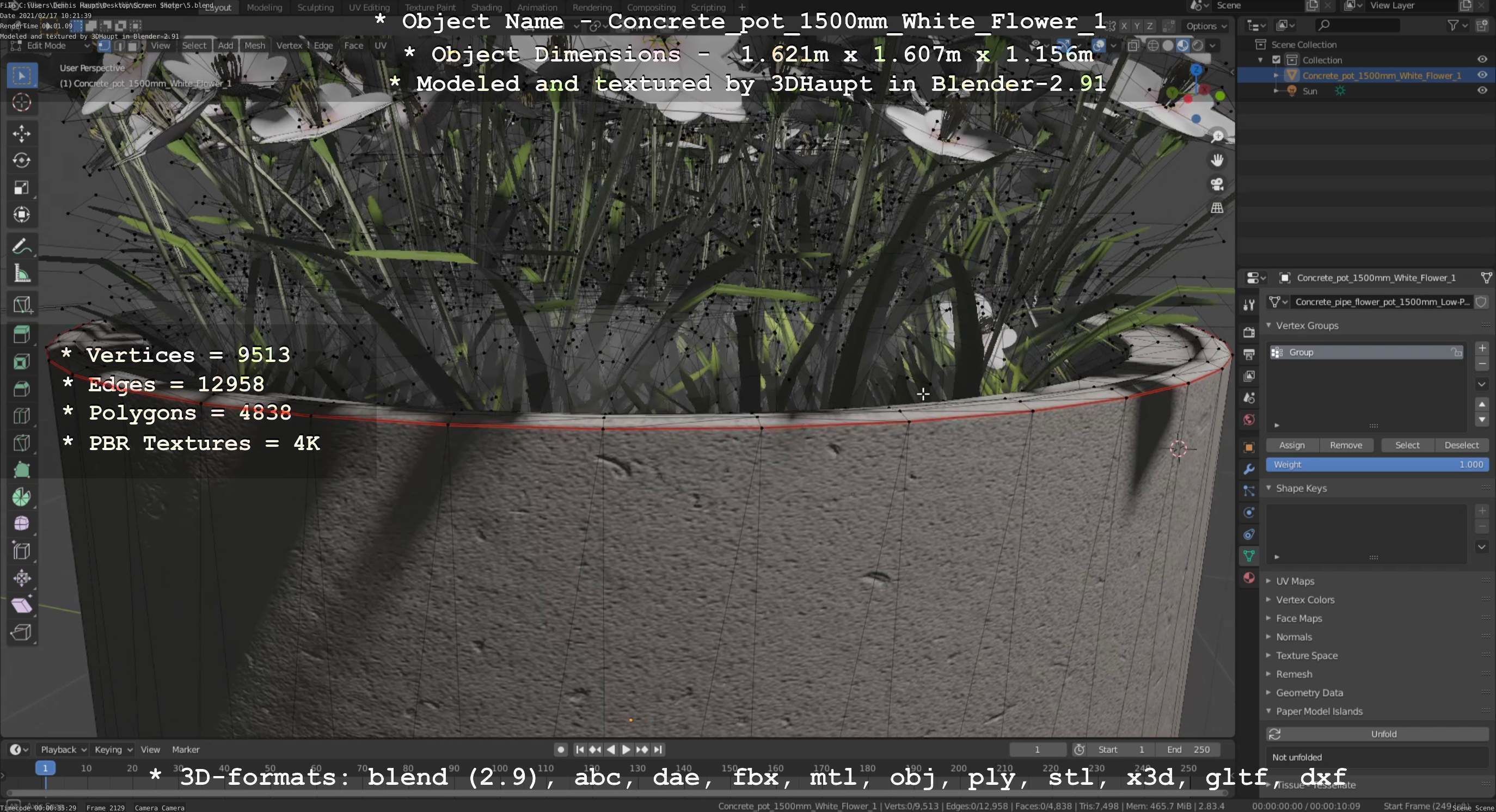 Concrete Pipe Pot 1500mm with White Version 1 Low-poly 3D model_12