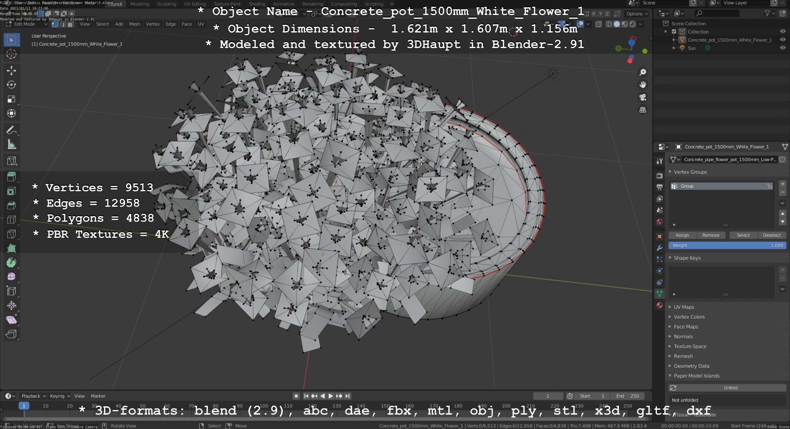 Concrete Pipe Pot 1500mm with White Version 1 Low-poly 3D model_84