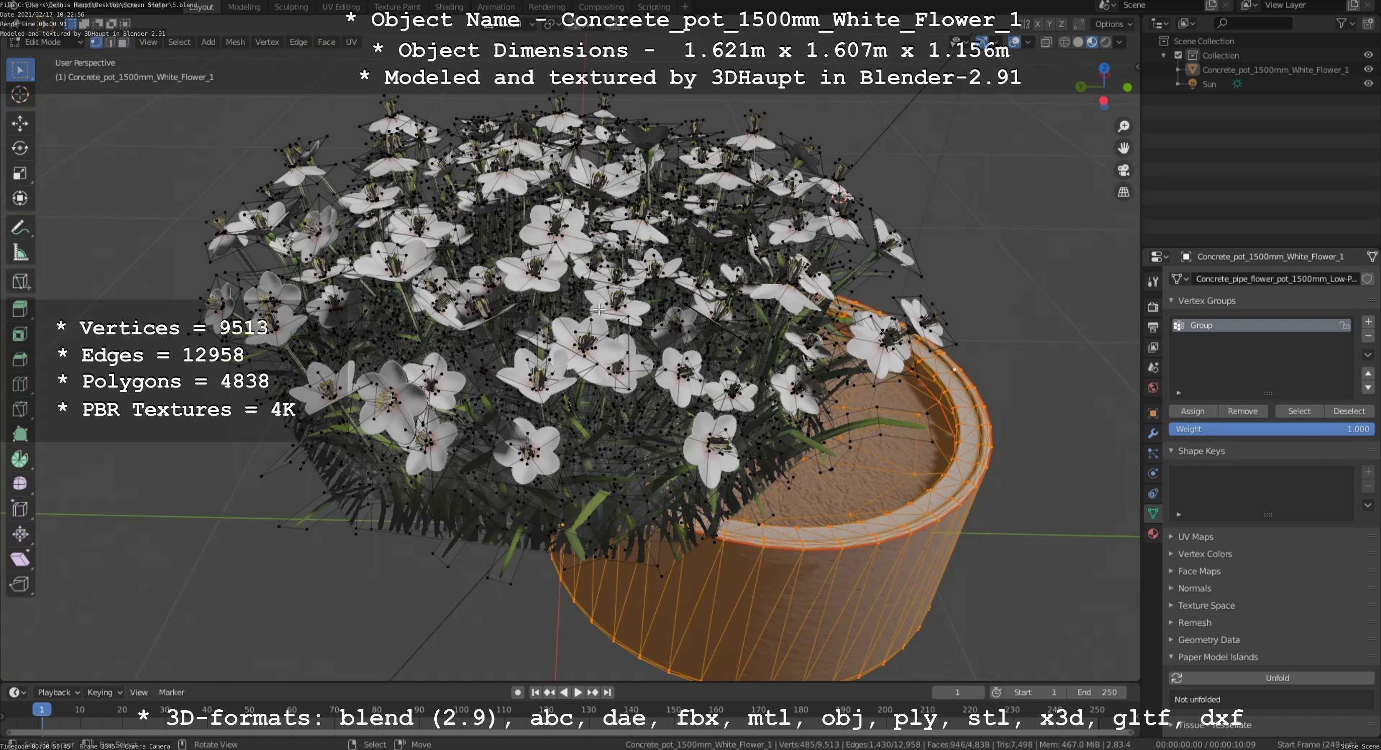 Concrete Pipe Pot 1500mm with White Version 1 Low-poly 3D model_30