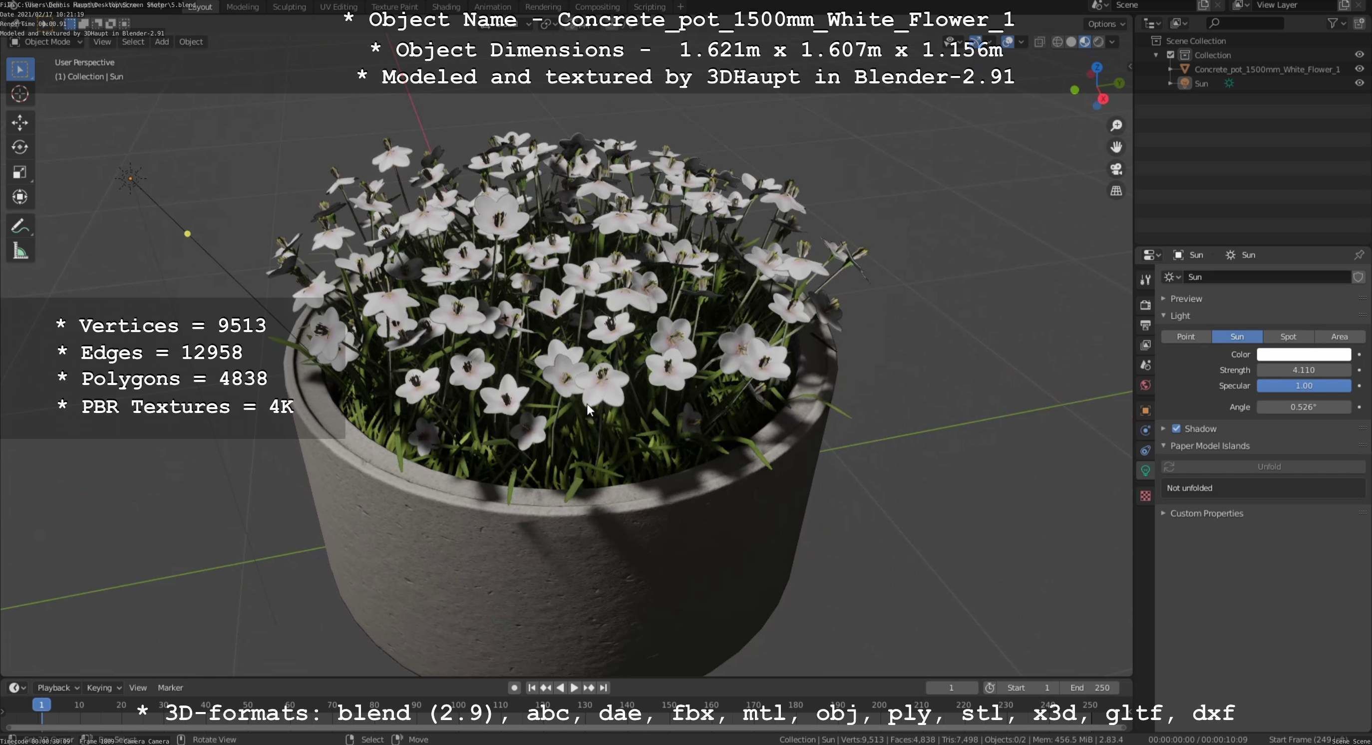 Concrete Pipe Pot 1500mm with White Version 1 Low-poly 3D model_109