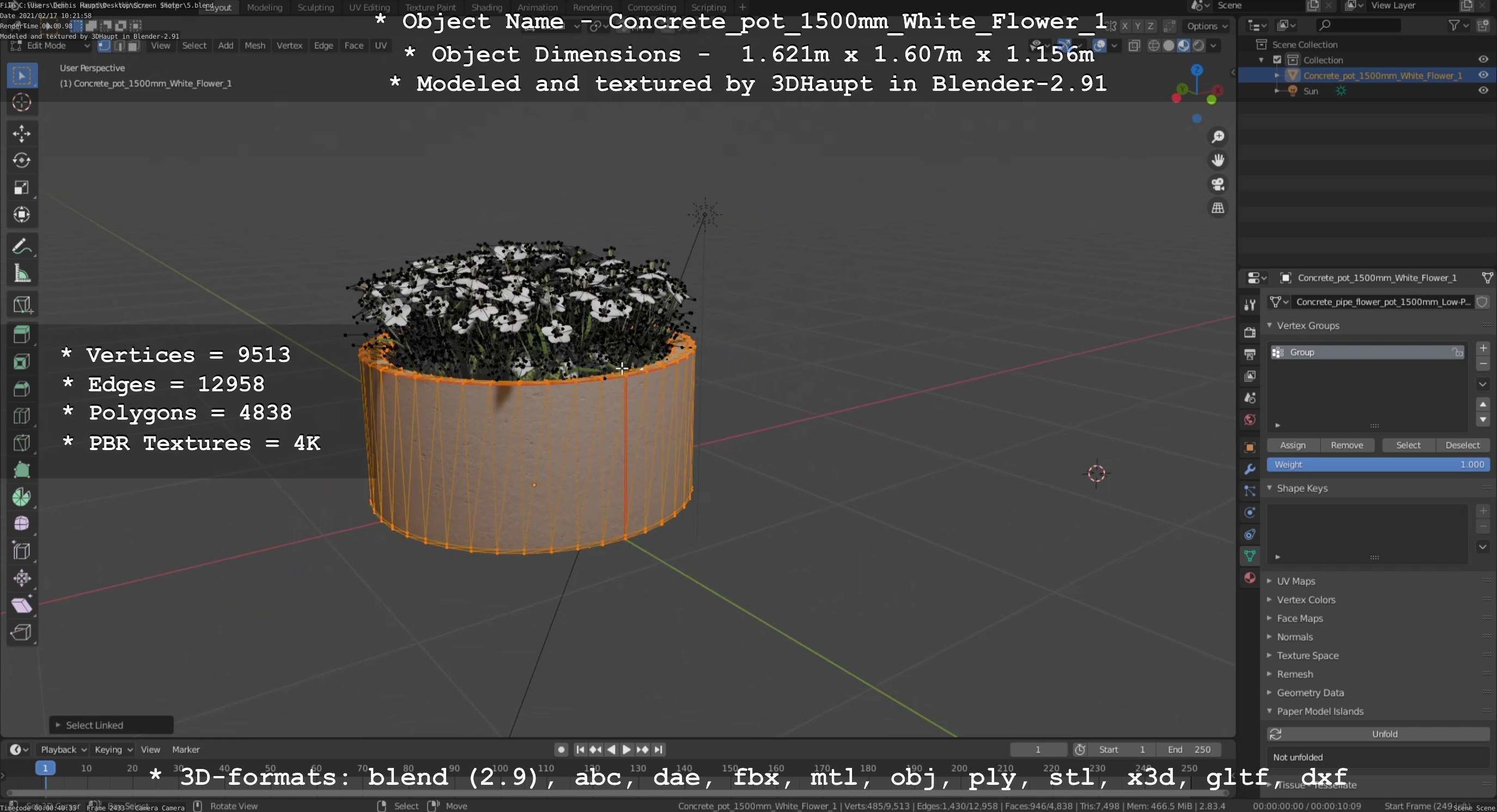 Concrete Pipe Pot 1500mm with White Version 1 Low-poly 3D model_19