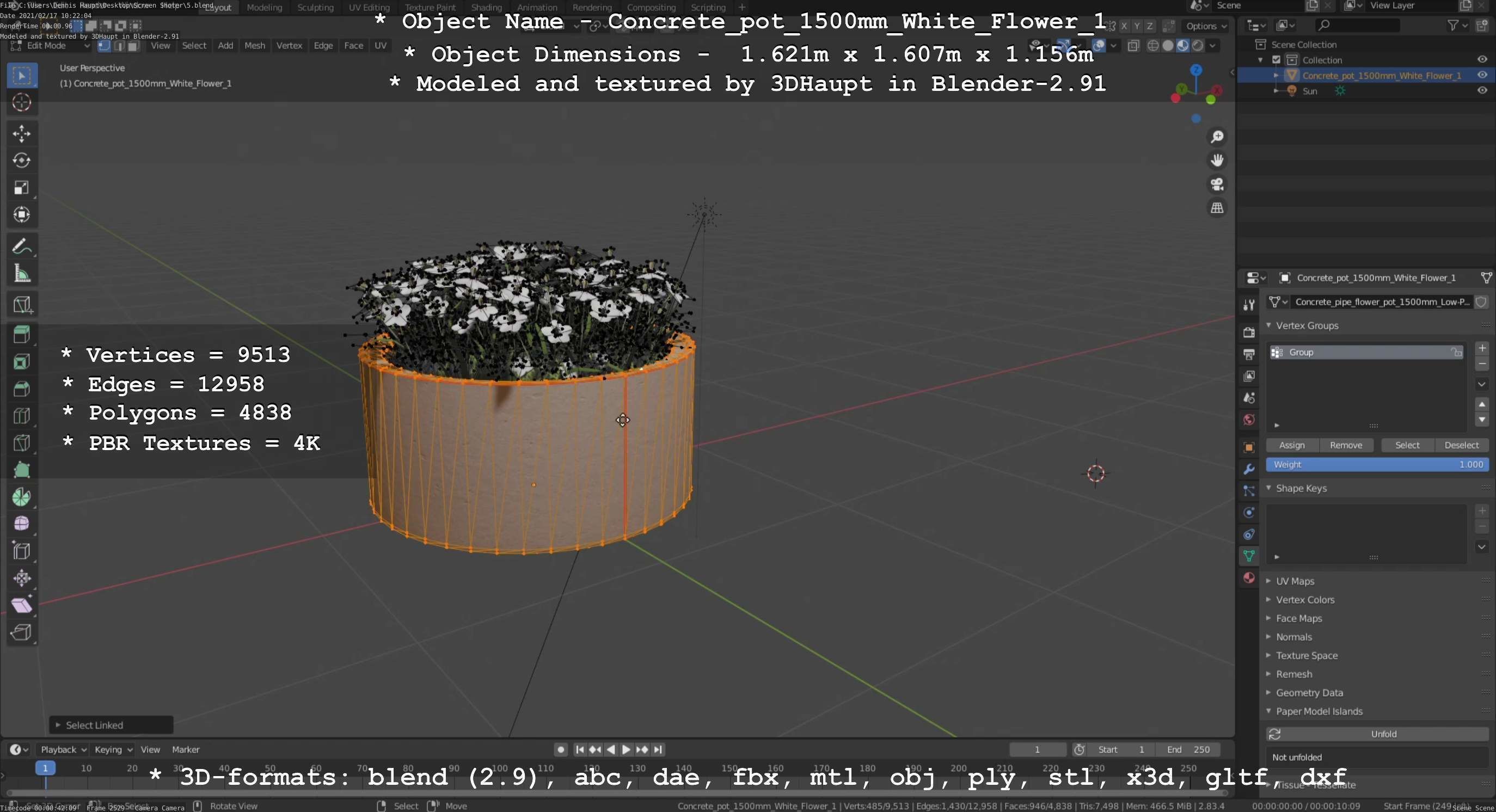 Concrete Pipe Pot 1500mm with White Version 1 Low-poly 3D model_133