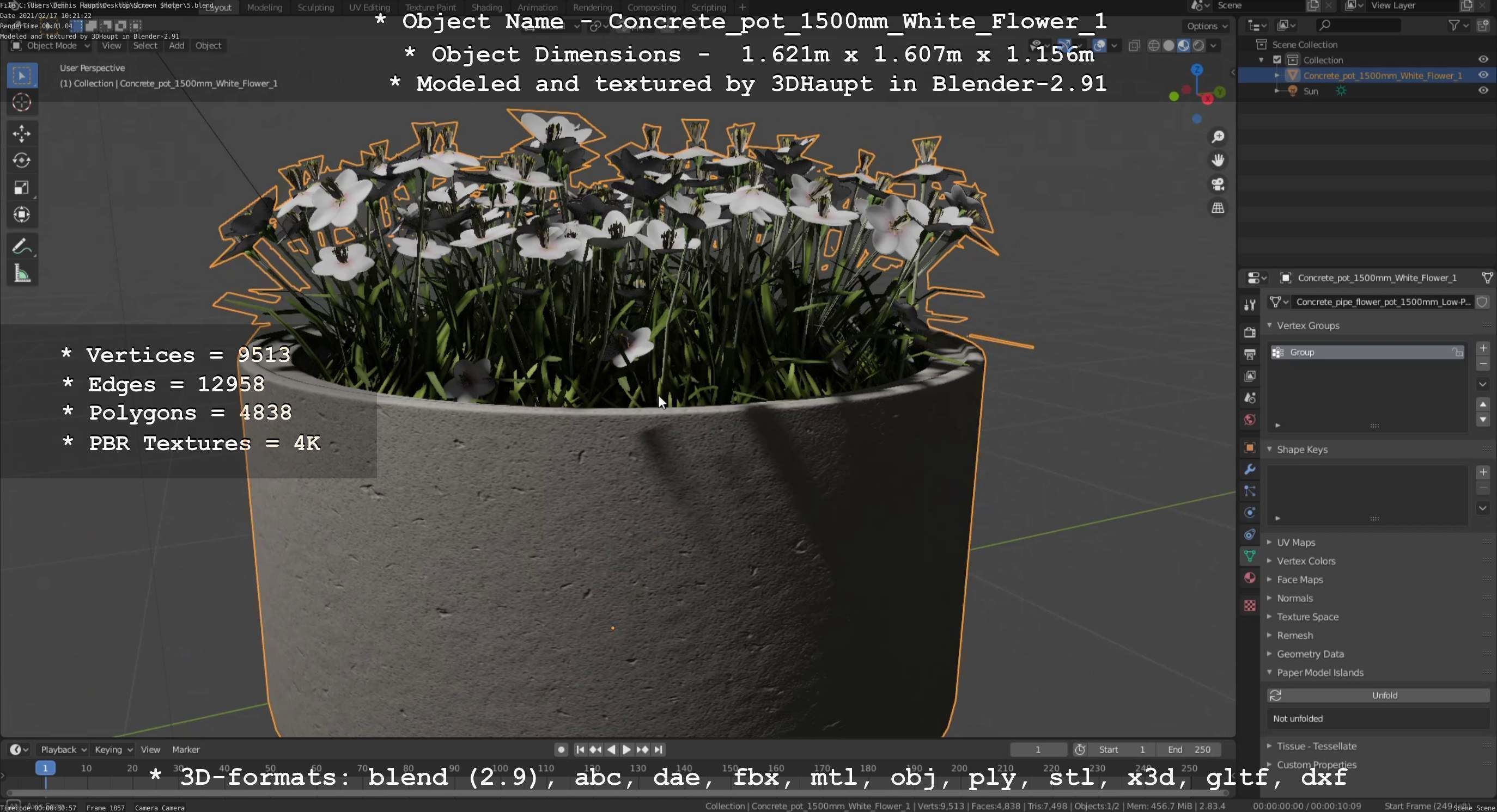 Concrete Pipe Pot 1500mm with White Version 1 Low-poly 3D model_111