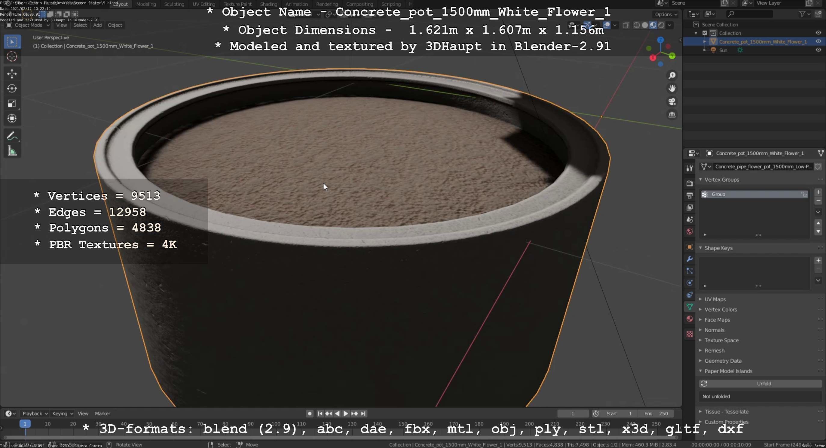Concrete Pipe Pot 1500mm with White Version 1 Low-poly 3D model_22