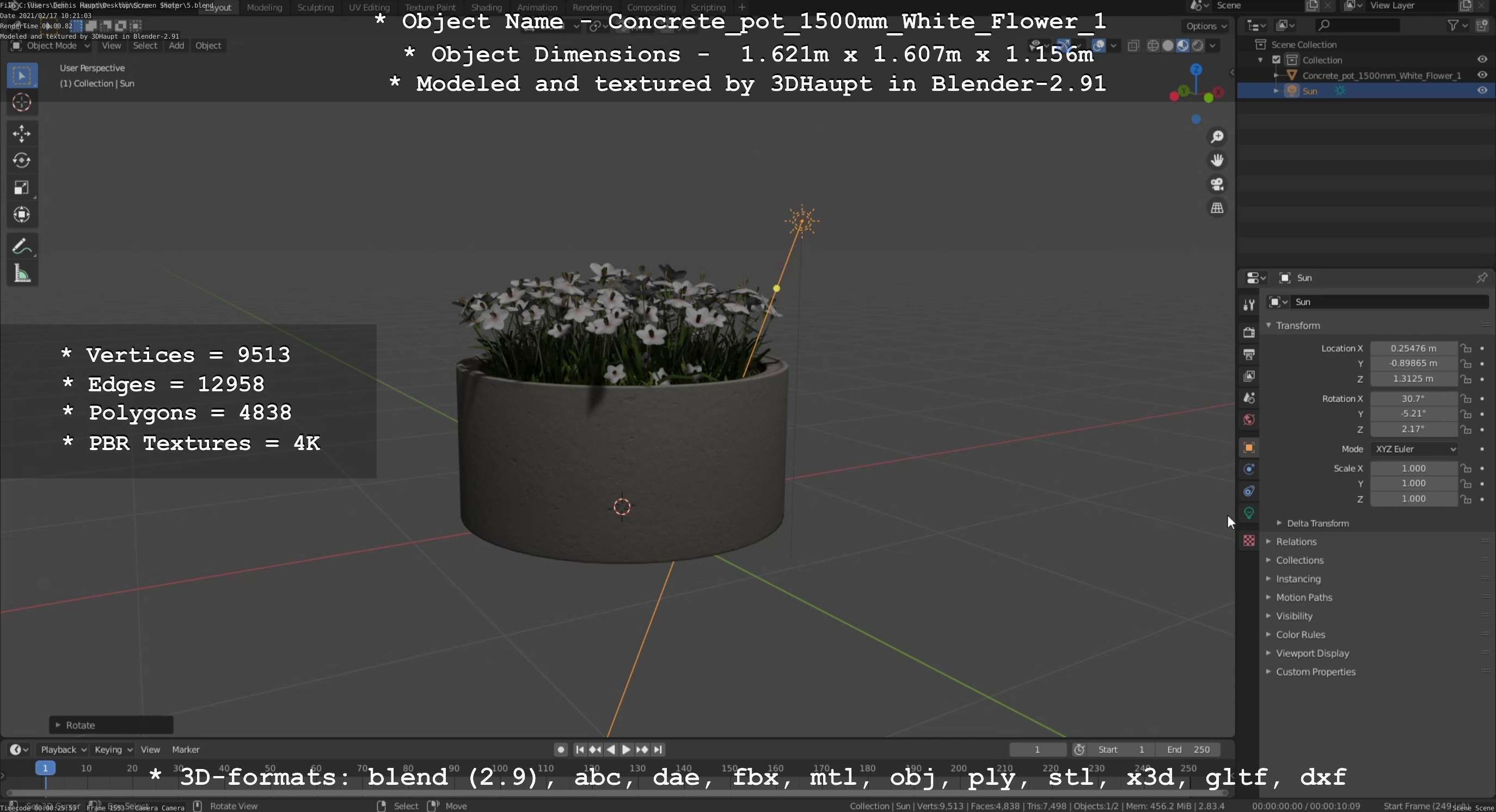 Concrete Pipe Pot 1500mm with White Version 1 Low-poly 3D model_103