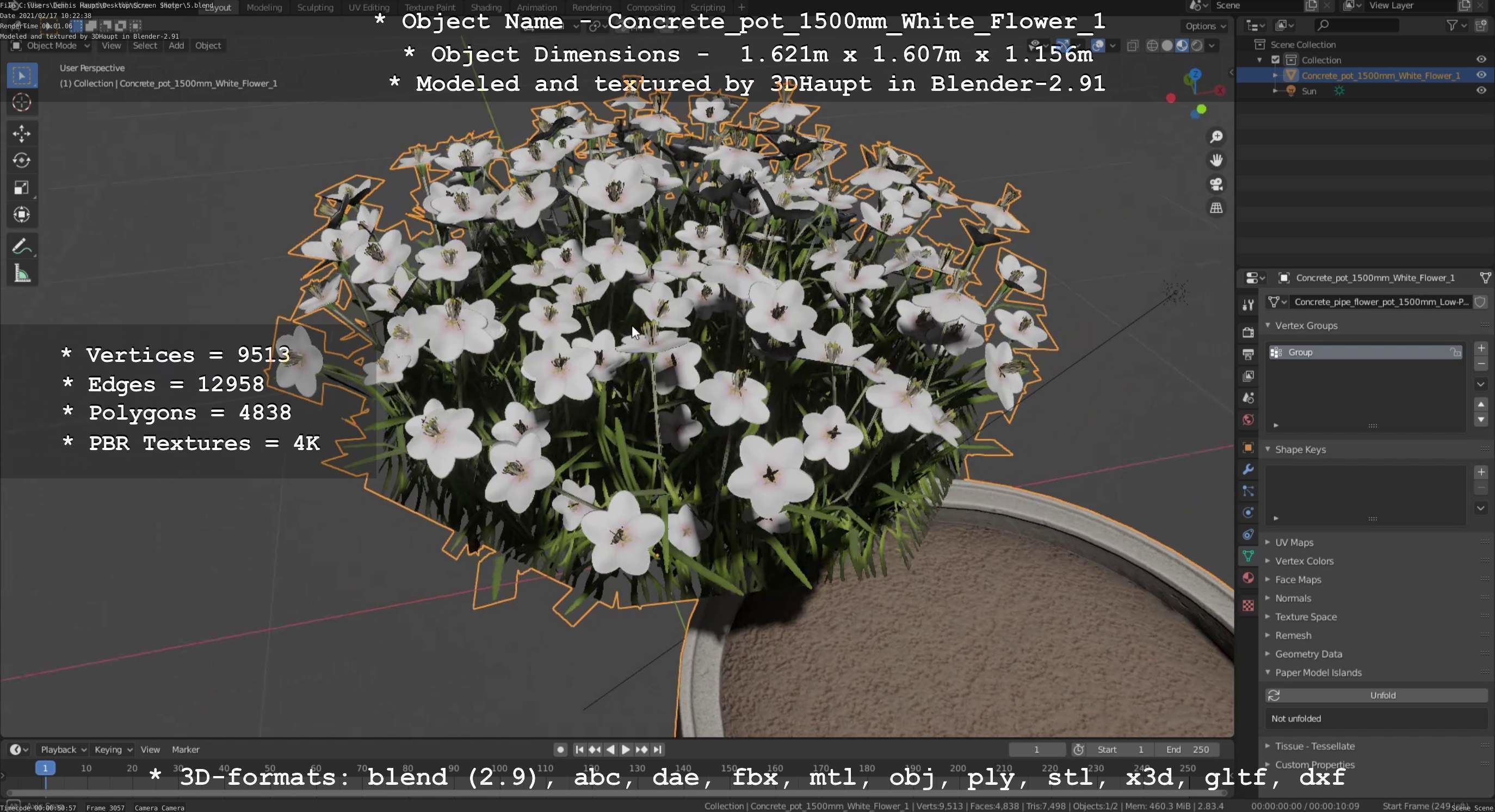 Concrete Pipe Pot 1500mm with White Version 1 Low-poly 3D model_145