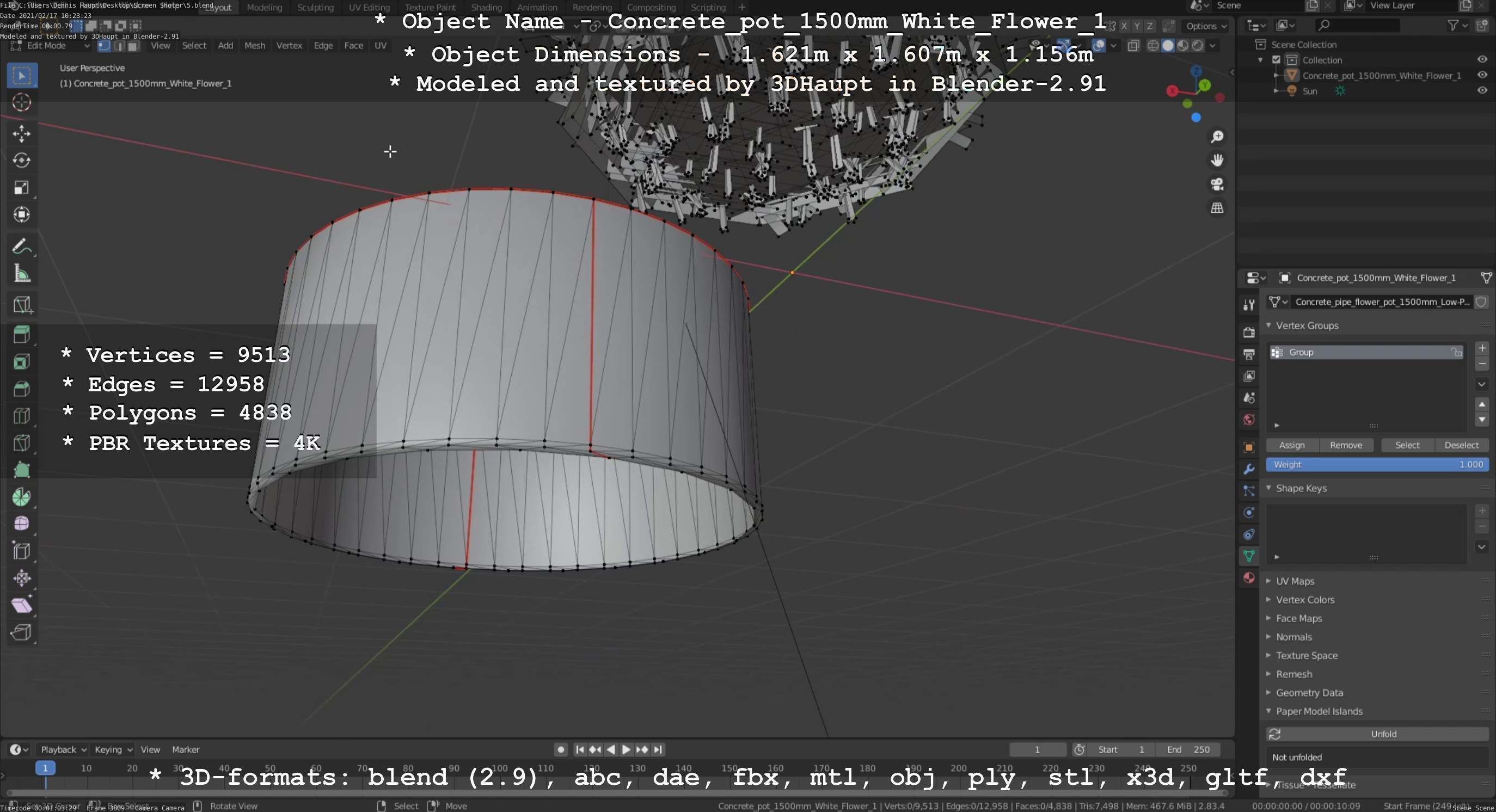 Concrete Pipe Pot 1500mm with White Version 1 Low-poly 3D model_139