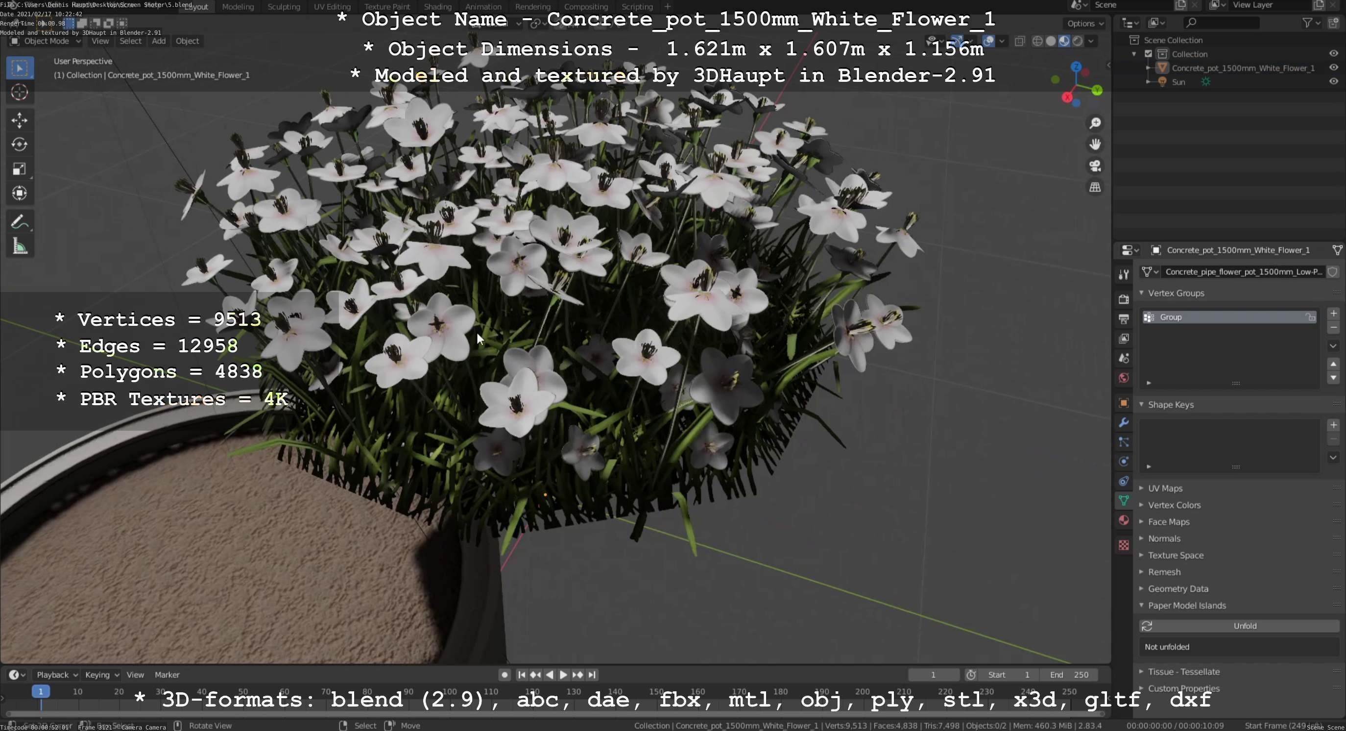Concrete Pipe Pot 1500mm with White Version 1 Low-poly 3D model_62