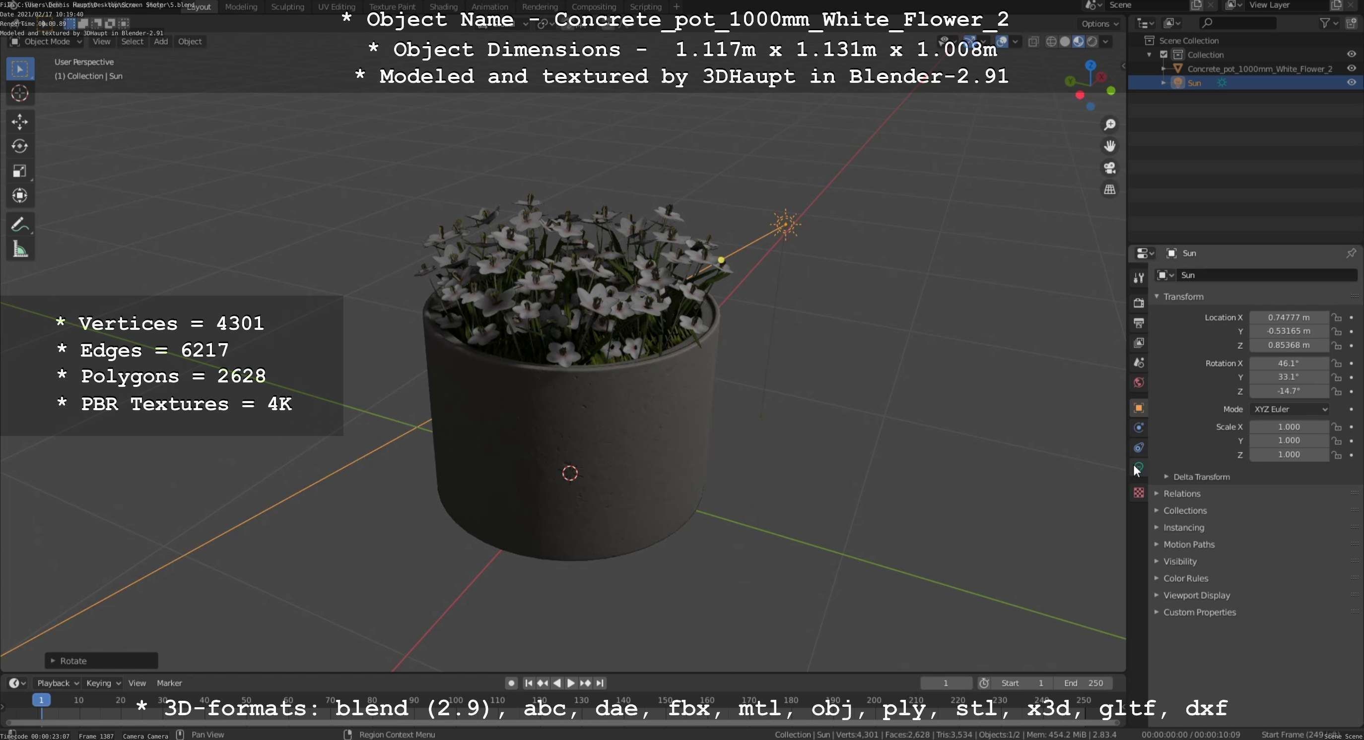 Concrete Pipe Pot 1000mm with White Version 2 Low-poly 3D model_30