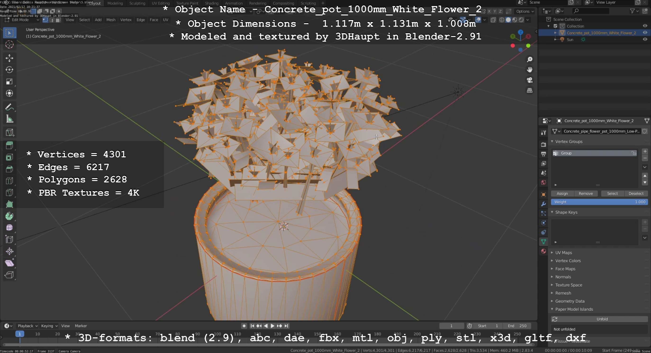 Concrete Pipe Pot 1000mm with White Version 2 Low-poly 3D model_71