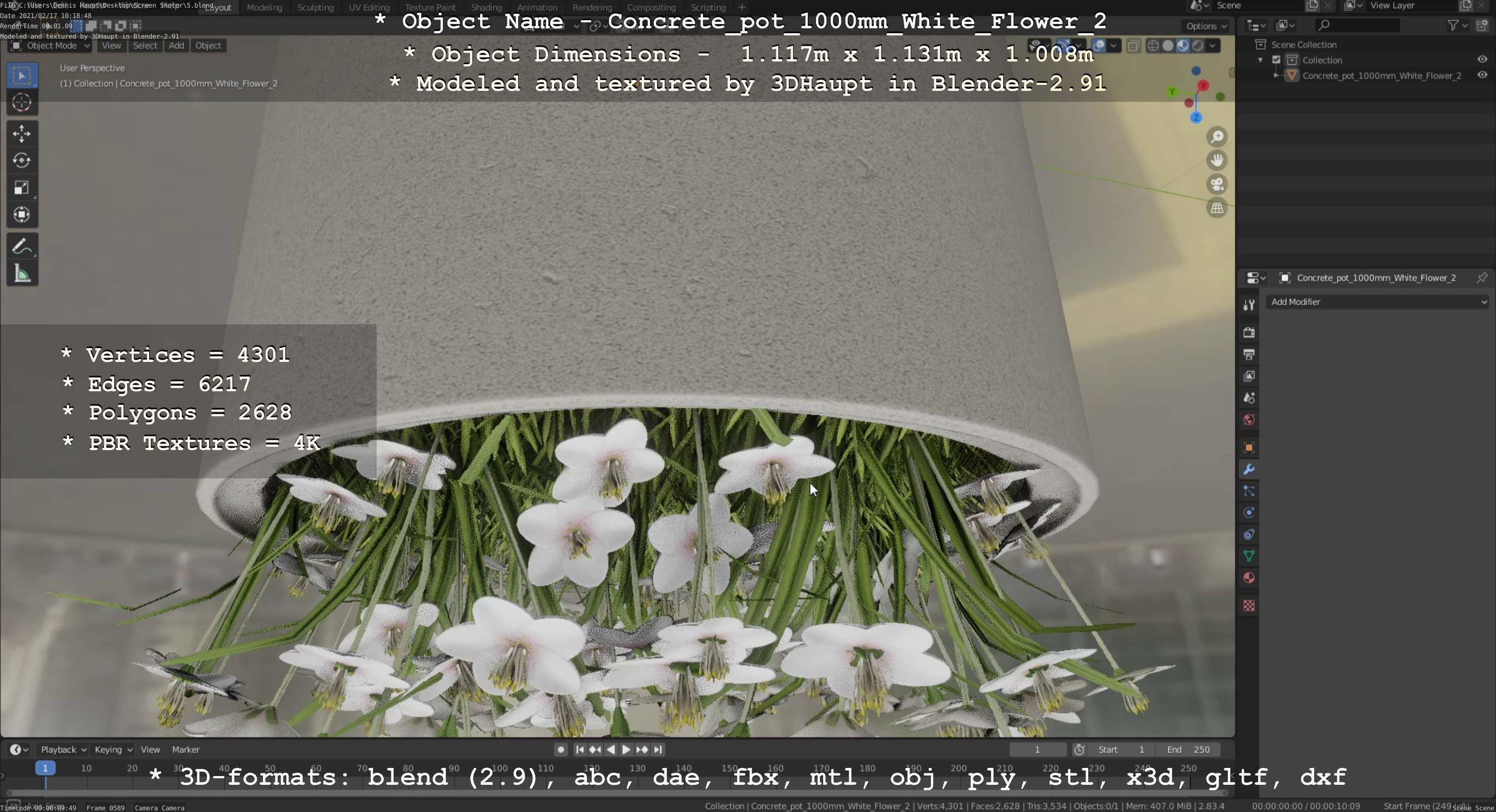 Concrete Pipe Pot 1000mm with White Version 2 Low-poly 3D model_114