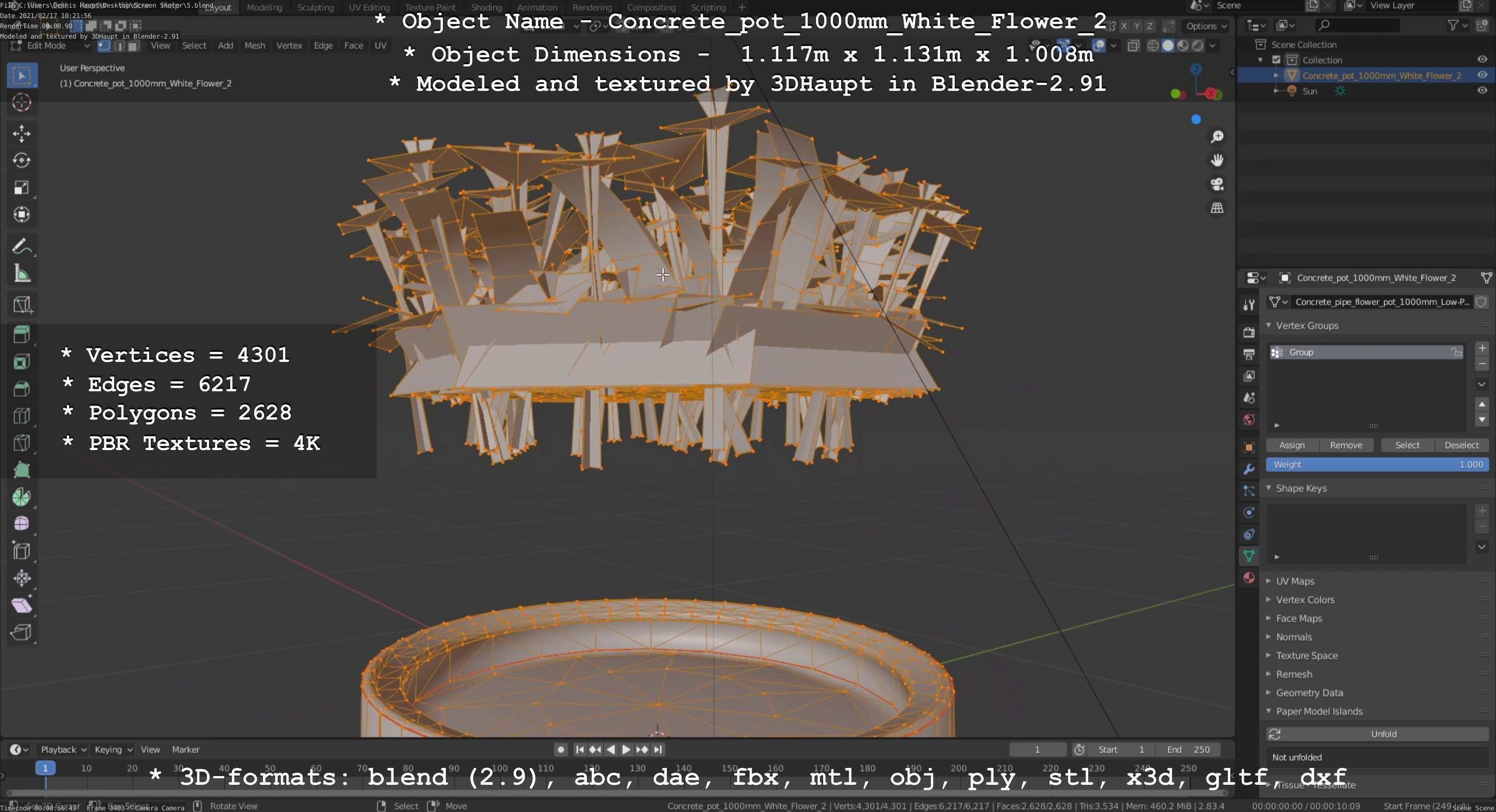 Concrete Pipe Pot 1000mm with White Version 2 Low-poly 3D model_78