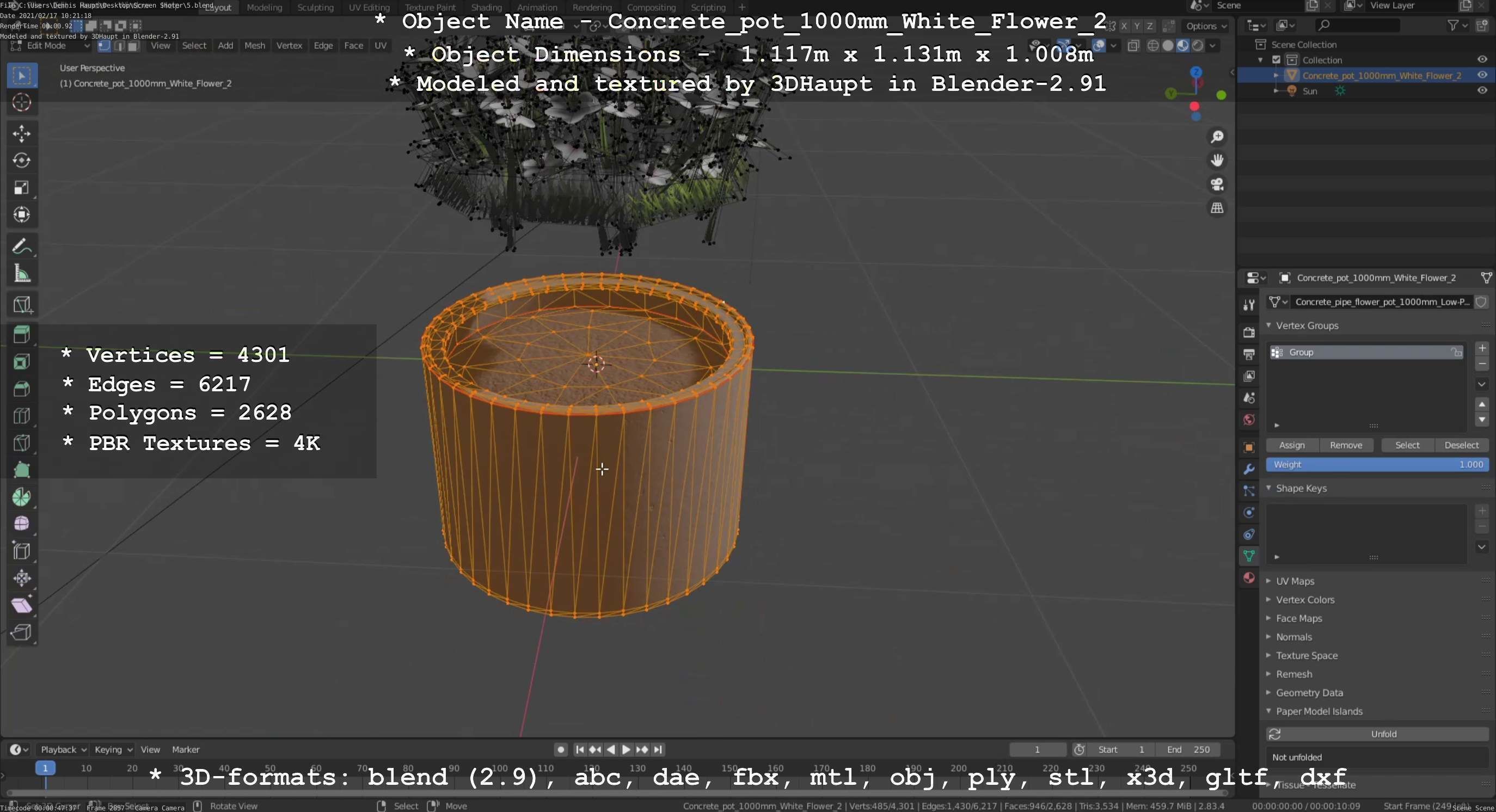 Concrete Pipe Pot 1000mm with White Version 2 Low-poly 3D model_62