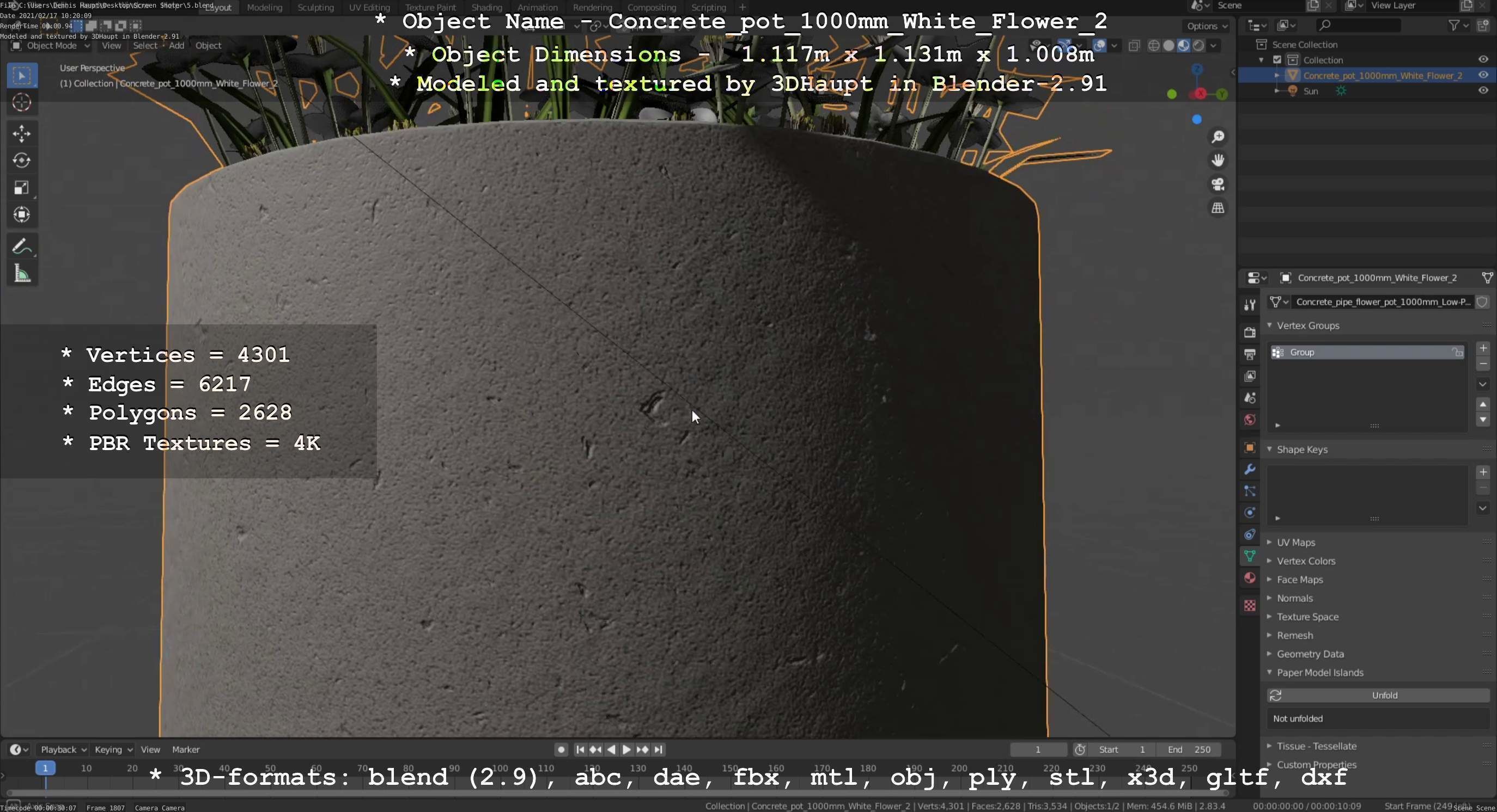 Concrete Pipe Pot 1000mm with White Version 2 Low-poly 3D model_125