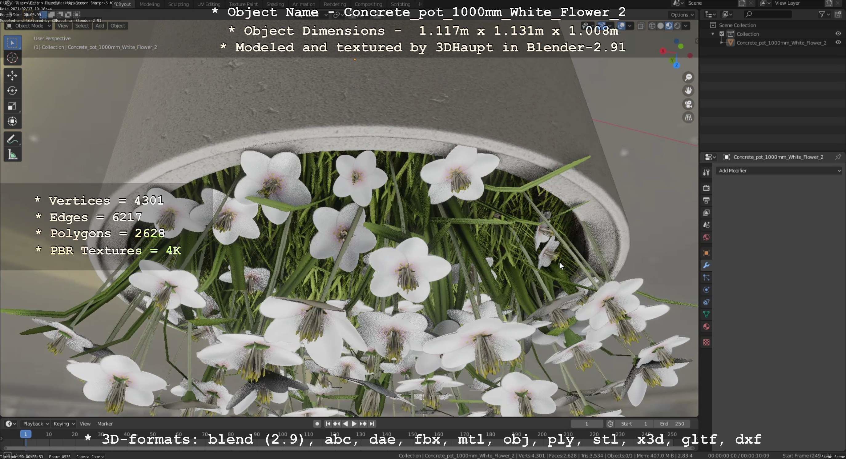 Concrete Pipe Pot 1000mm with White Version 2 Low-poly 3D model_116