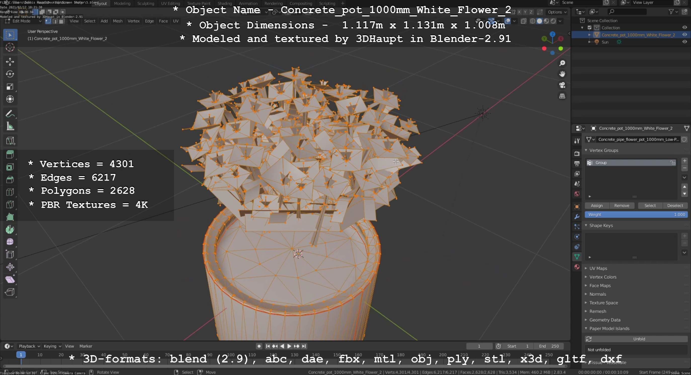 Concrete Pipe Pot 1000mm with White Version 2 Low-poly 3D model_70