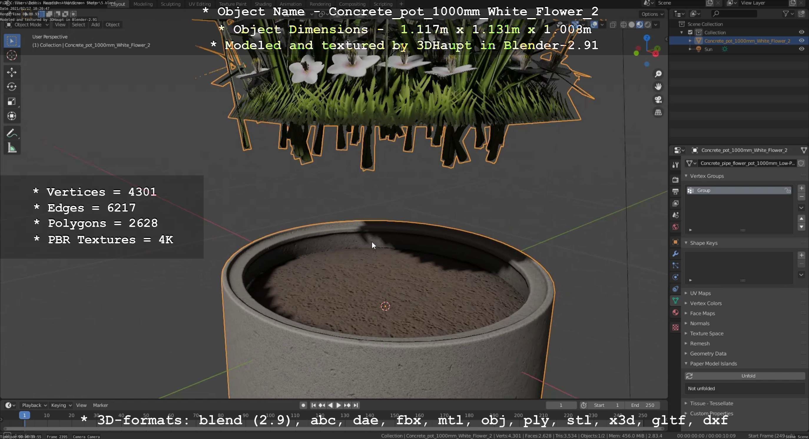 Concrete Pipe Pot 1000mm with White Version 2 Low-poly 3D model_51