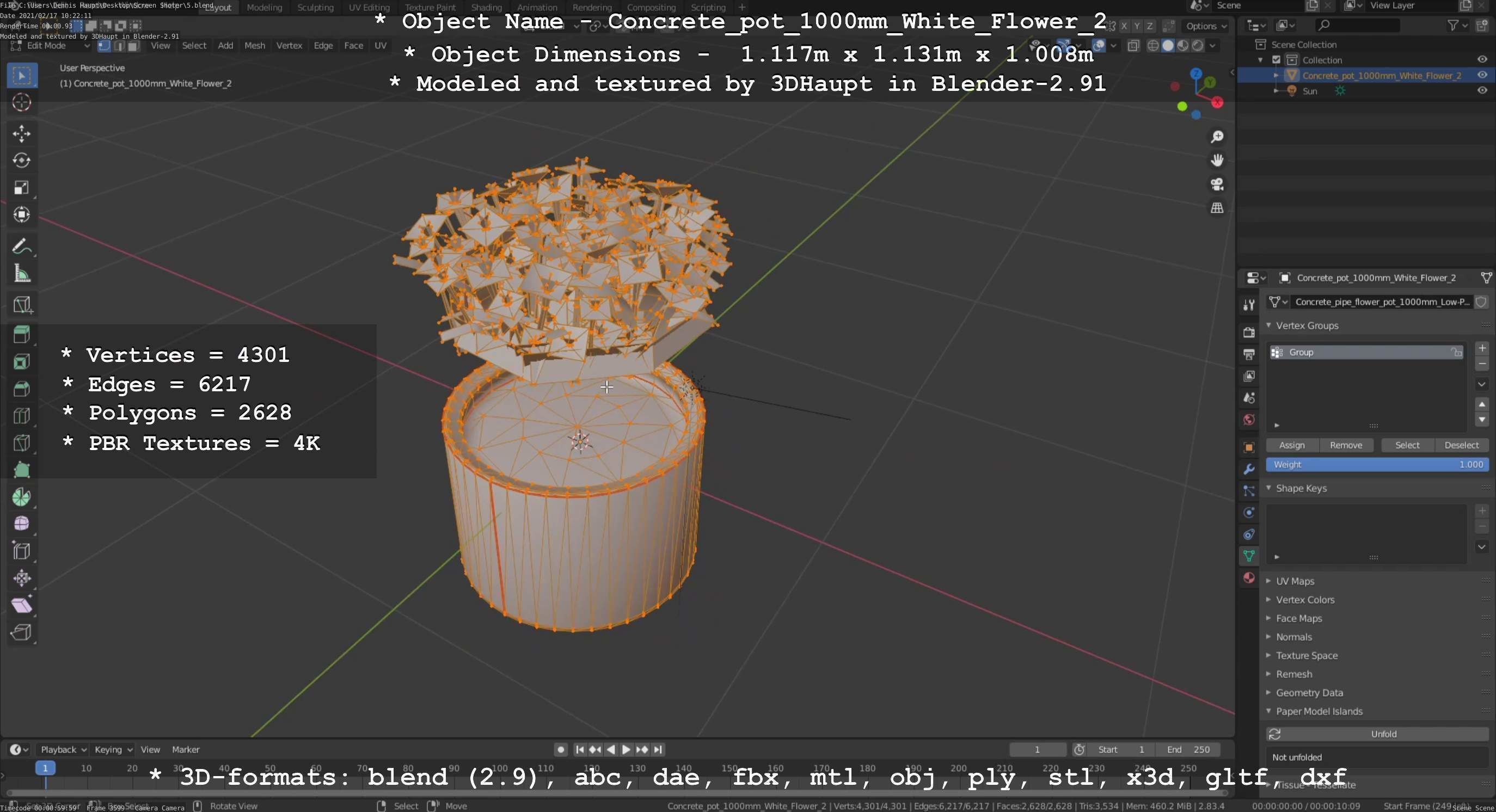 Concrete Pipe Pot 1000mm with White Version 2 Low-poly 3D model_82