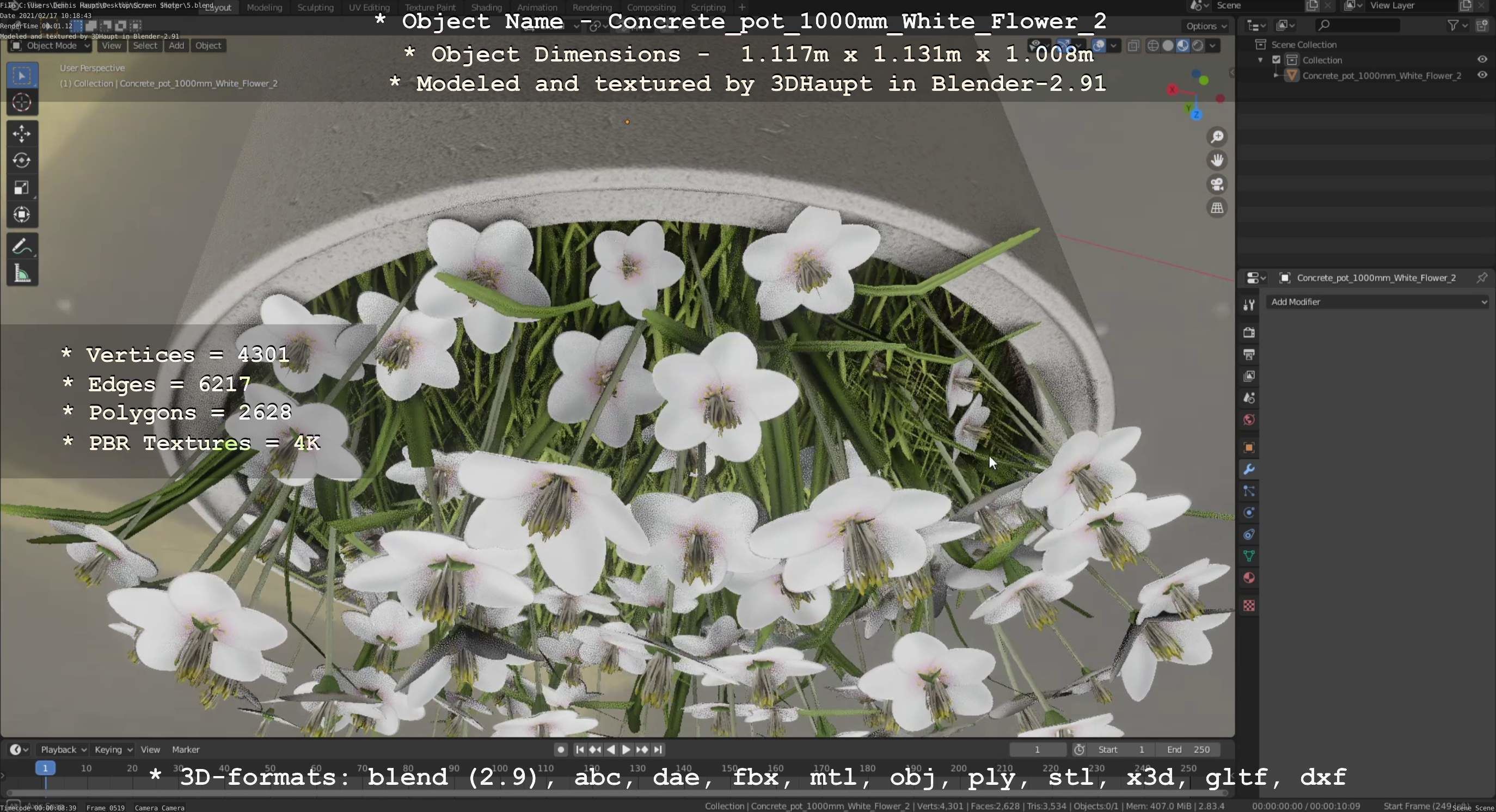 Concrete Pipe Pot 1000mm with White Version 2 Low-poly 3D model_13