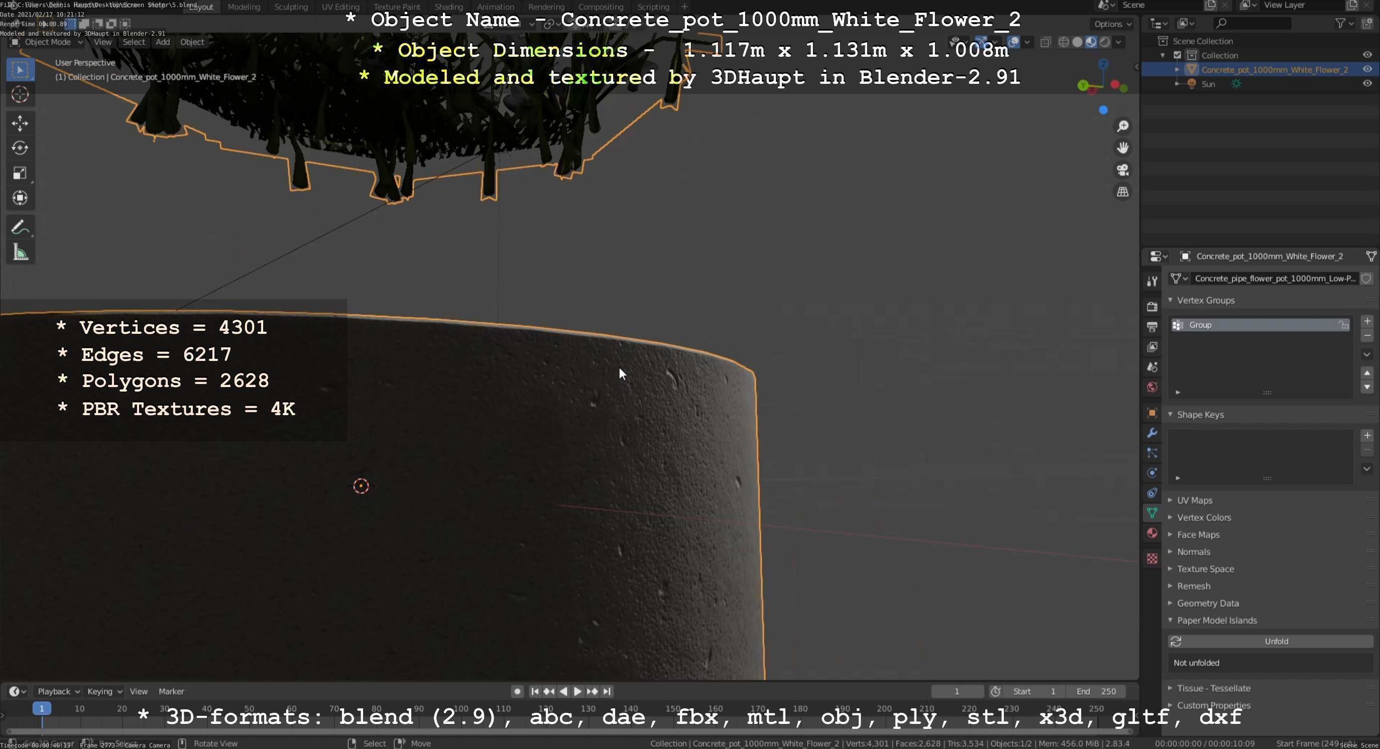 Concrete Pipe Pot 1000mm with White Version 2 Low-poly 3D model_61