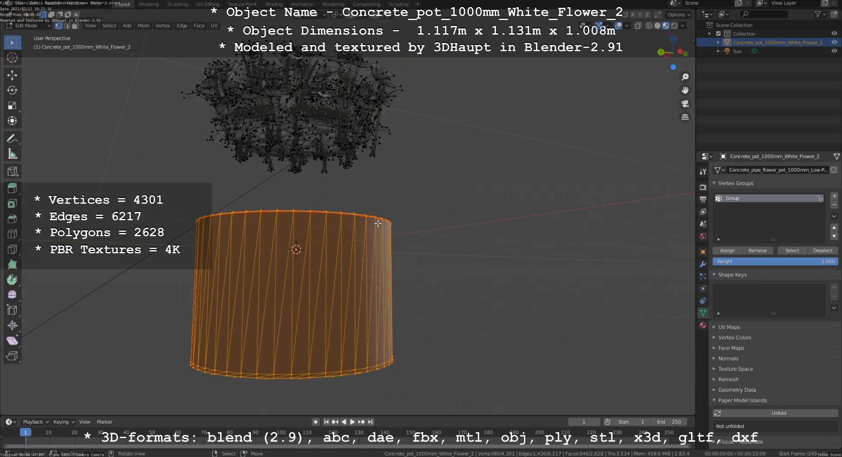 Concrete Pipe Pot 1000mm with White Version 2 Low-poly 3D model_68