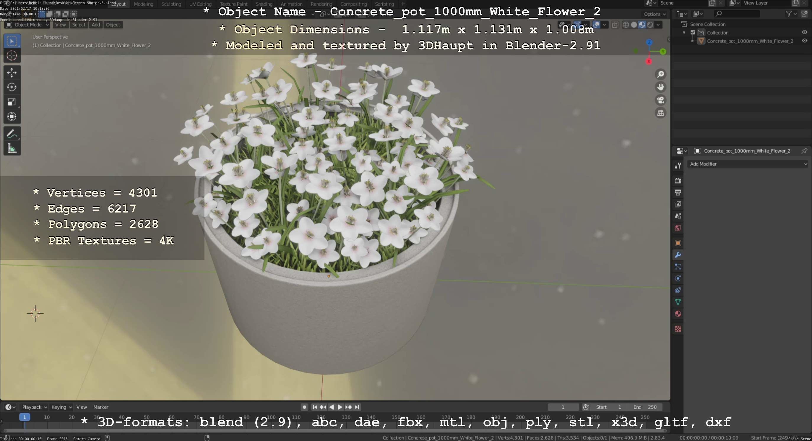 Concrete Pipe Pot 1000mm with White Version 2 Low-poly 3D model_99