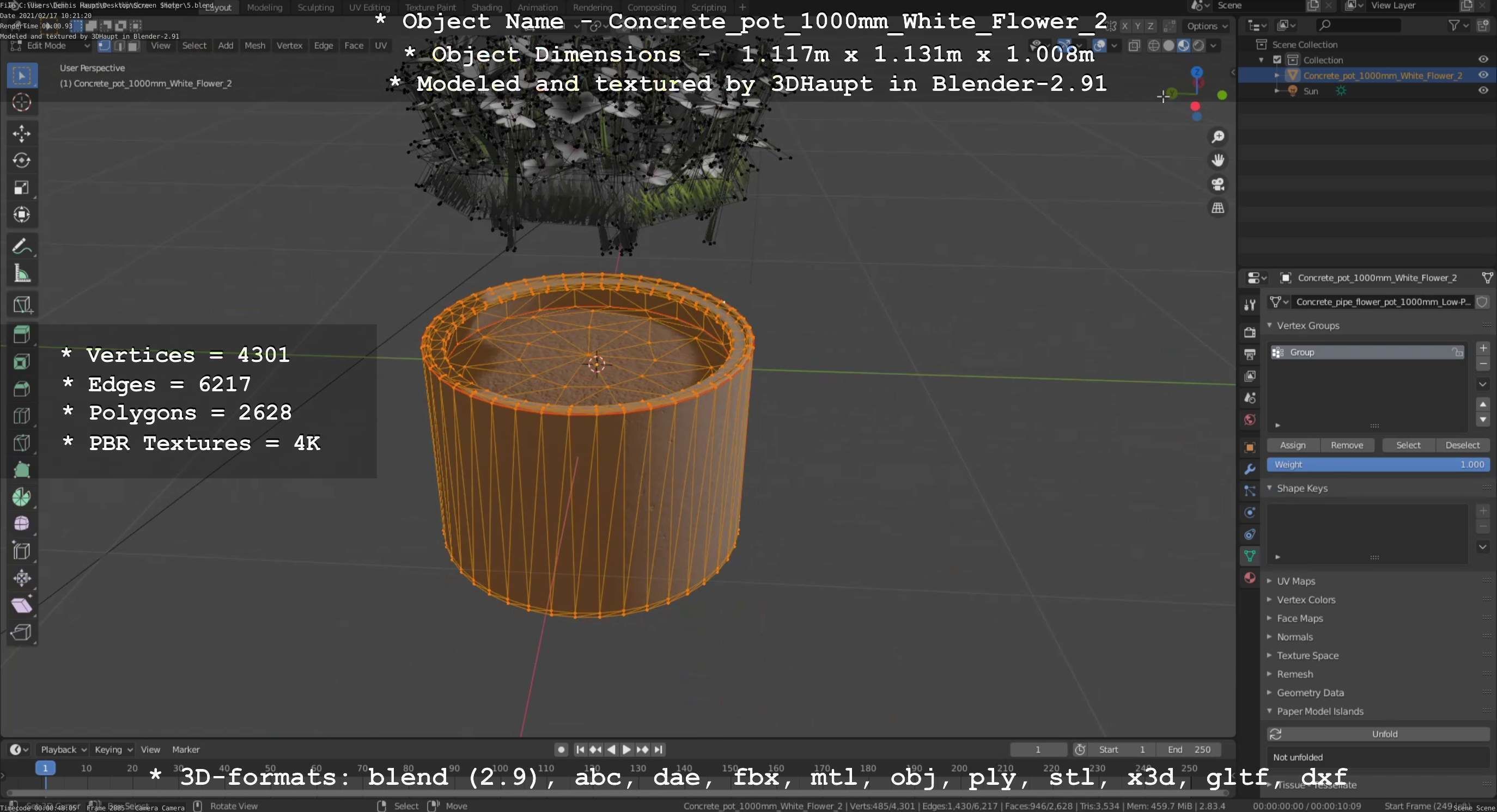 Concrete Pipe Pot 1000mm with White Version 2 Low-poly 3D model_63