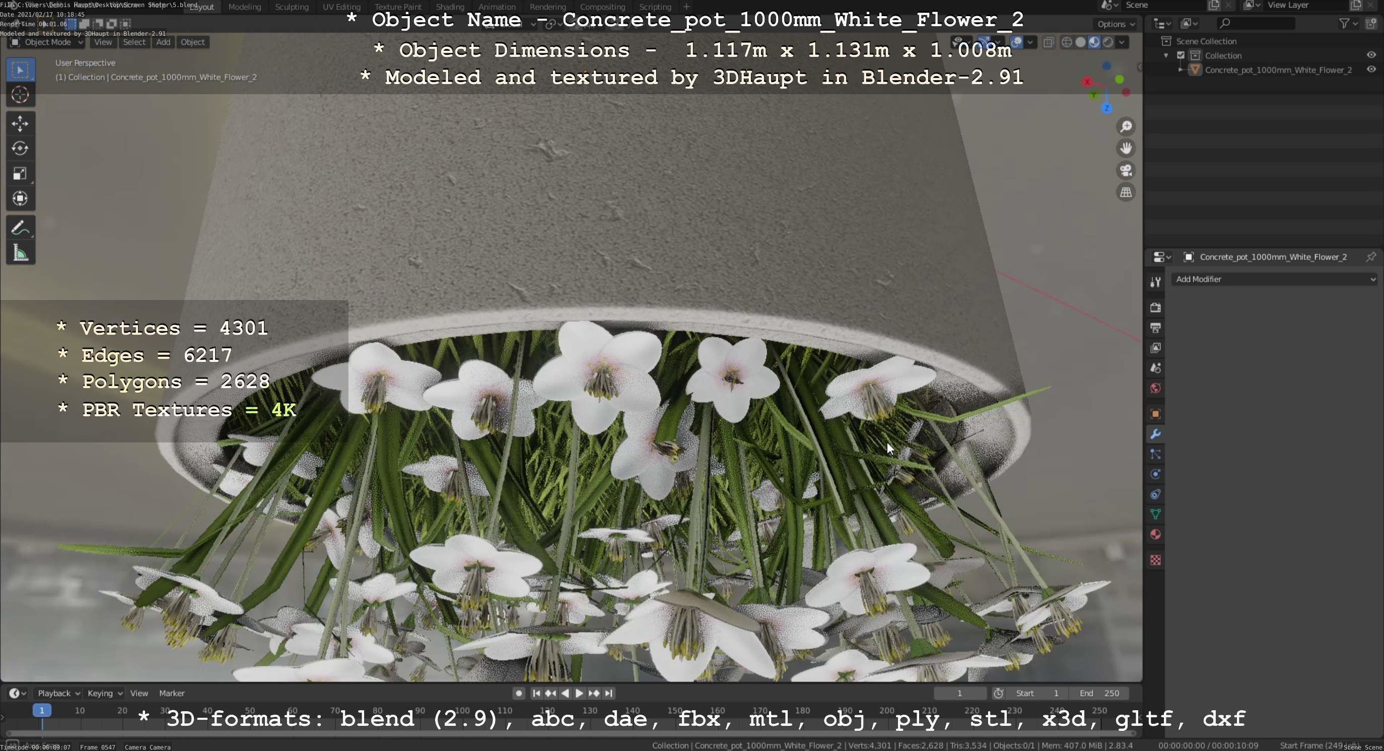 Concrete Pipe Pot 1000mm with White Version 2 Low-poly 3D model_126