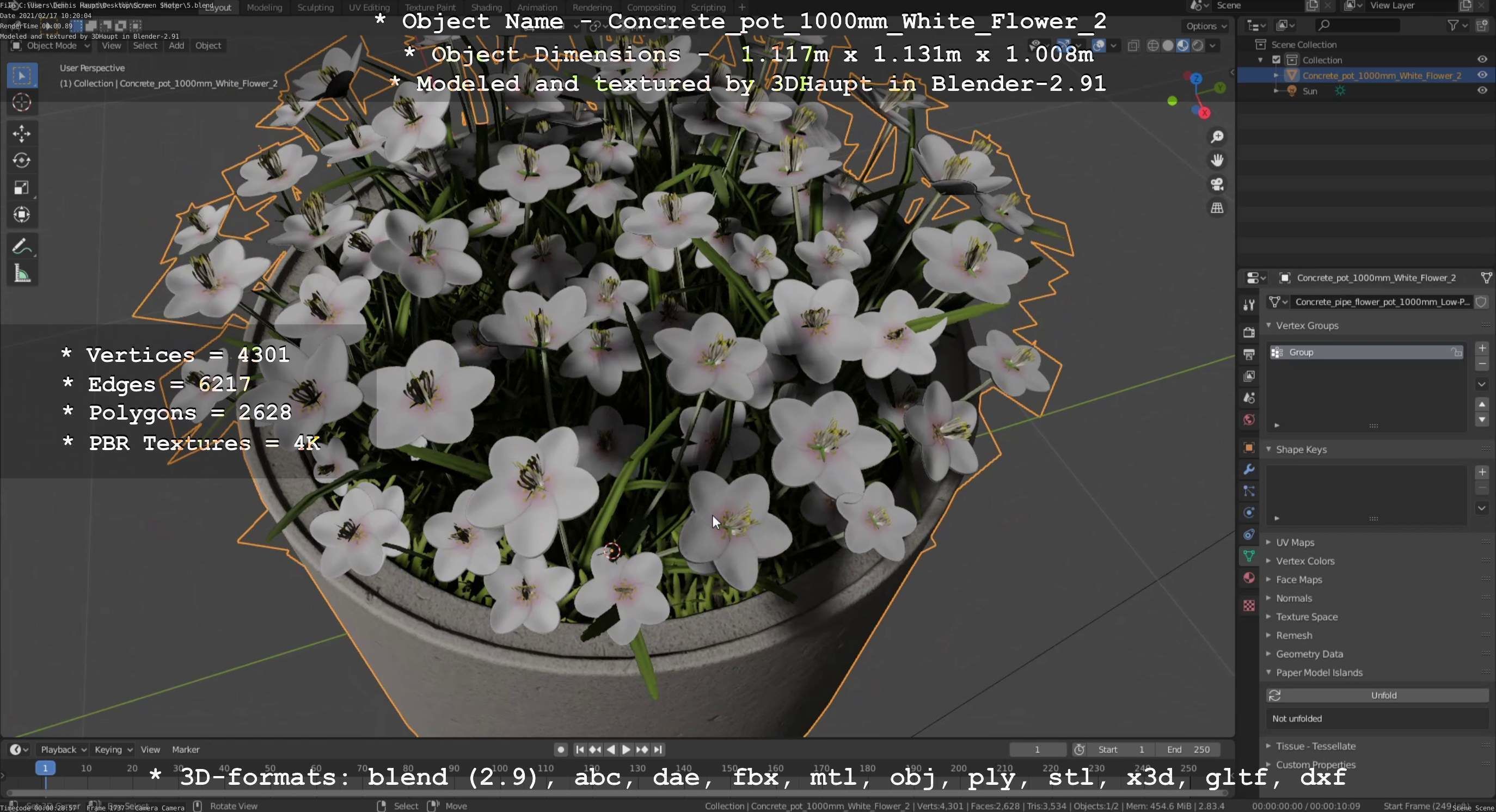 Concrete Pipe Pot 1000mm with White Version 2 Low-poly 3D model_4