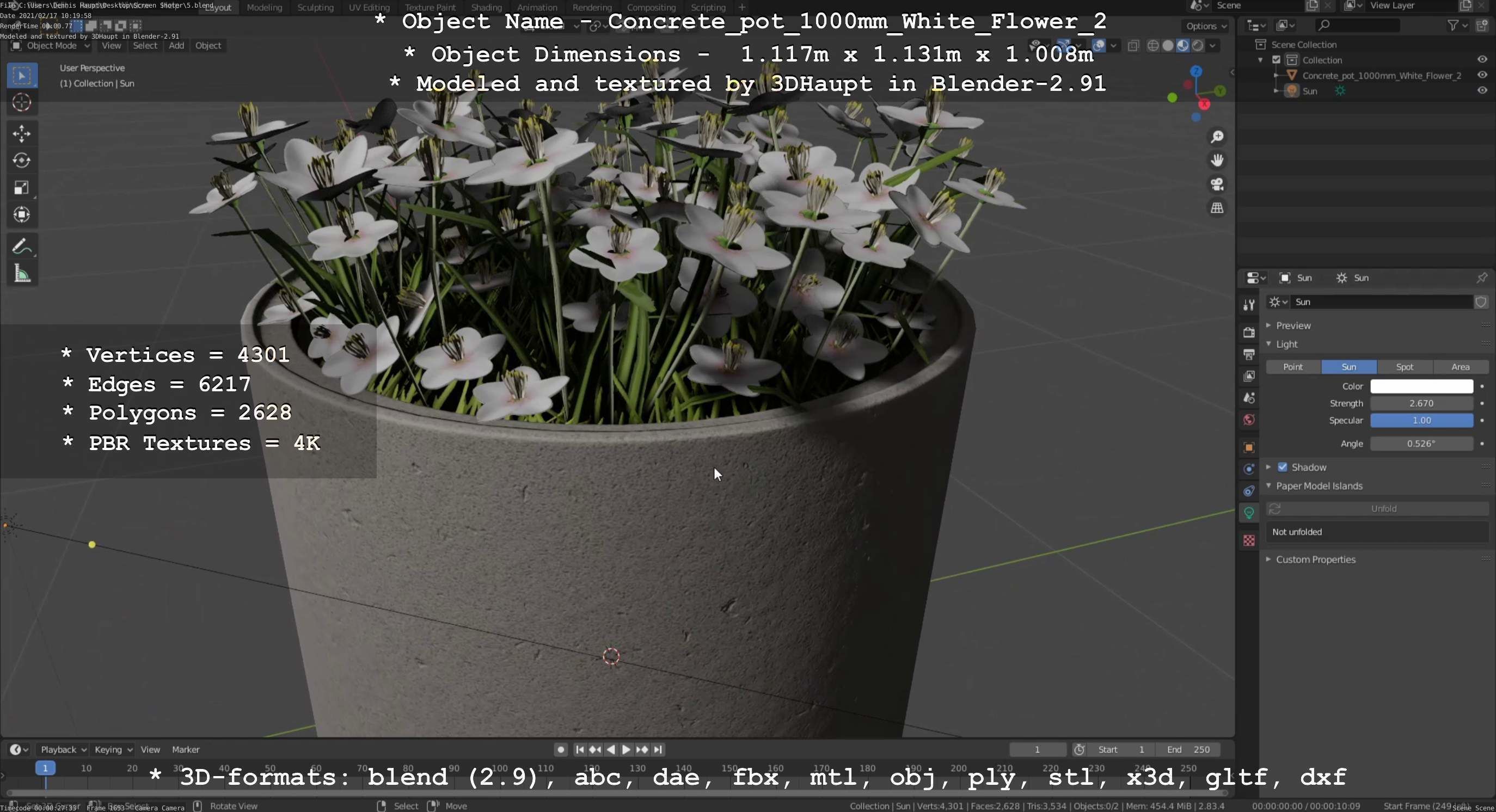Concrete Pipe Pot 1000mm with White Version 2 Low-poly 3D model_3