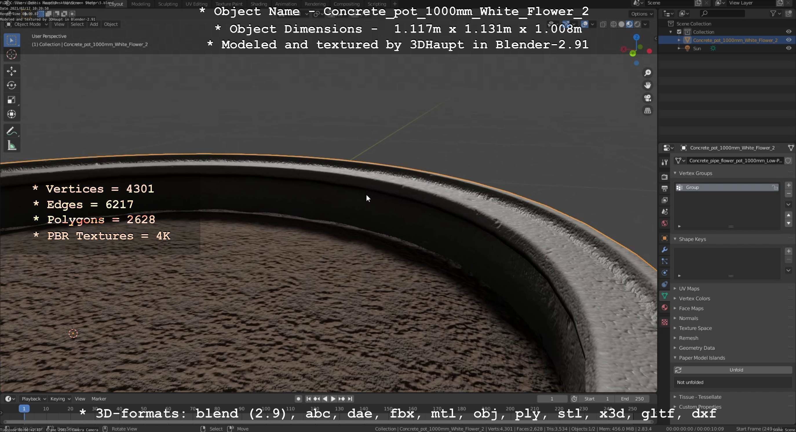 Concrete Pipe Pot 1000mm with White Version 2 Low-poly 3D model_60