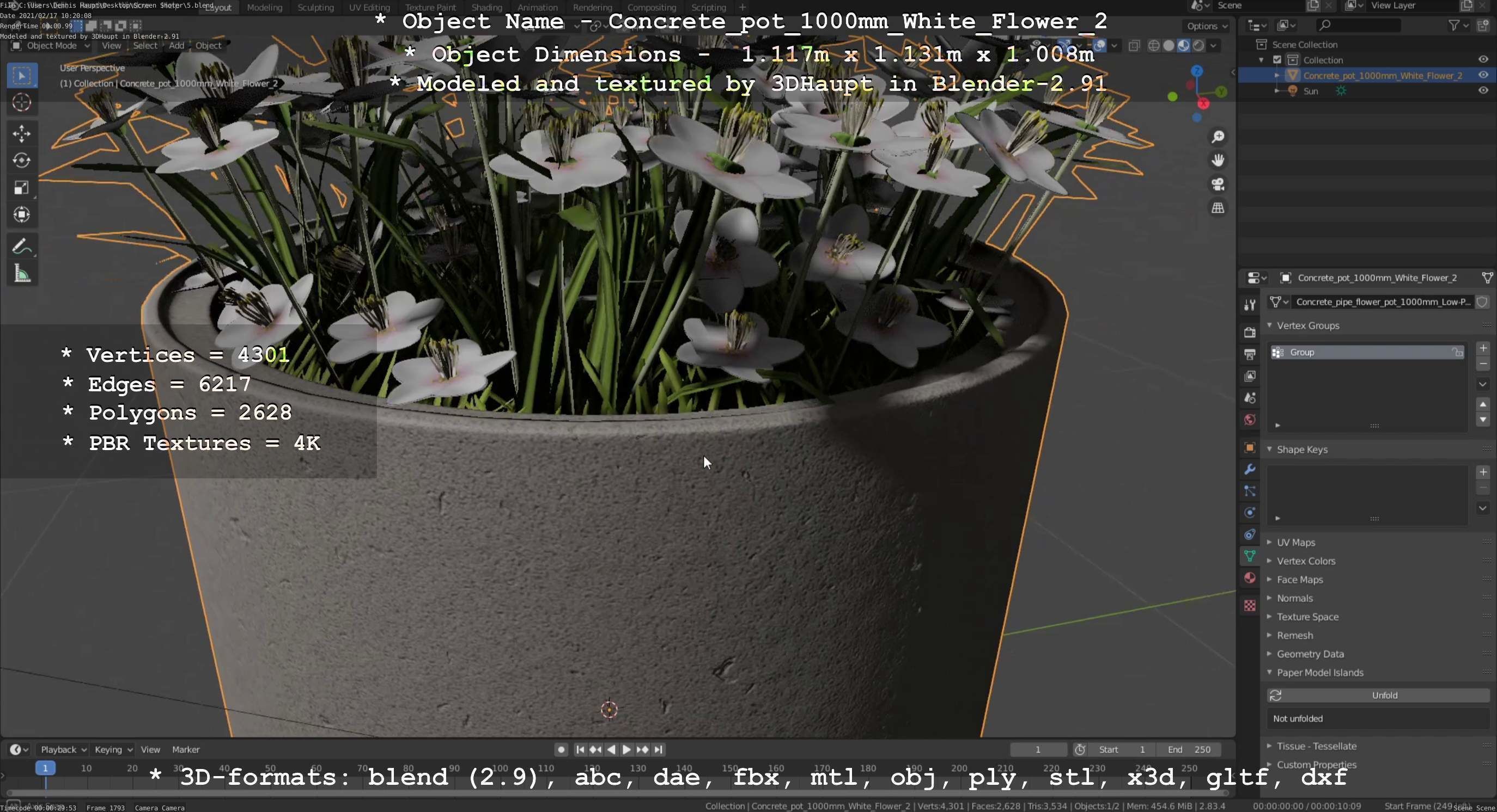 Concrete Pipe Pot 1000mm with White Version 2 Low-poly 3D model_130